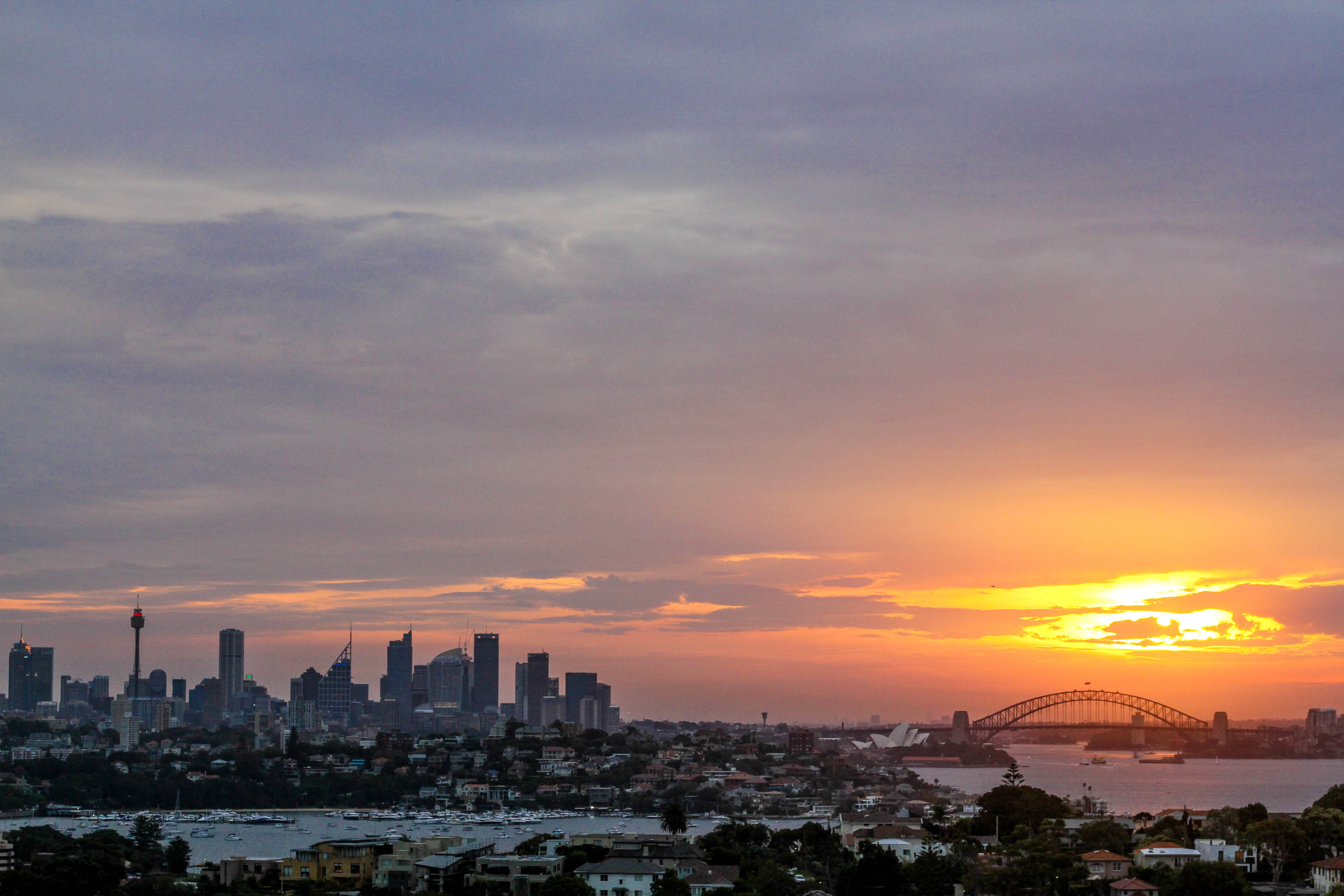 city, sydney, office building exterior, orange, ocean, view, residential district, pollution, city life, stormy, nature, cloud, sky, bay, evening, no people, HD Wallpaper
