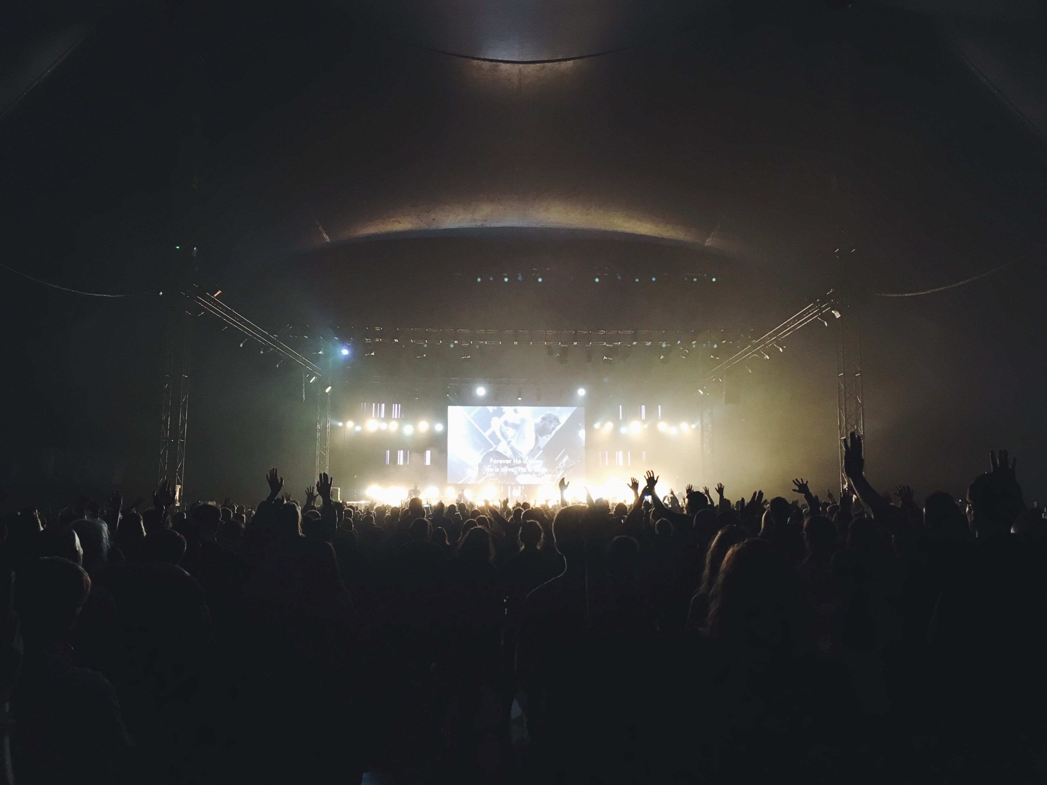stadium, silhouette, event, people, spotlight, performing Arts Event, band, music, gig, arms raised, night, nightlife, large group of people, human arm, HD Wallpaper