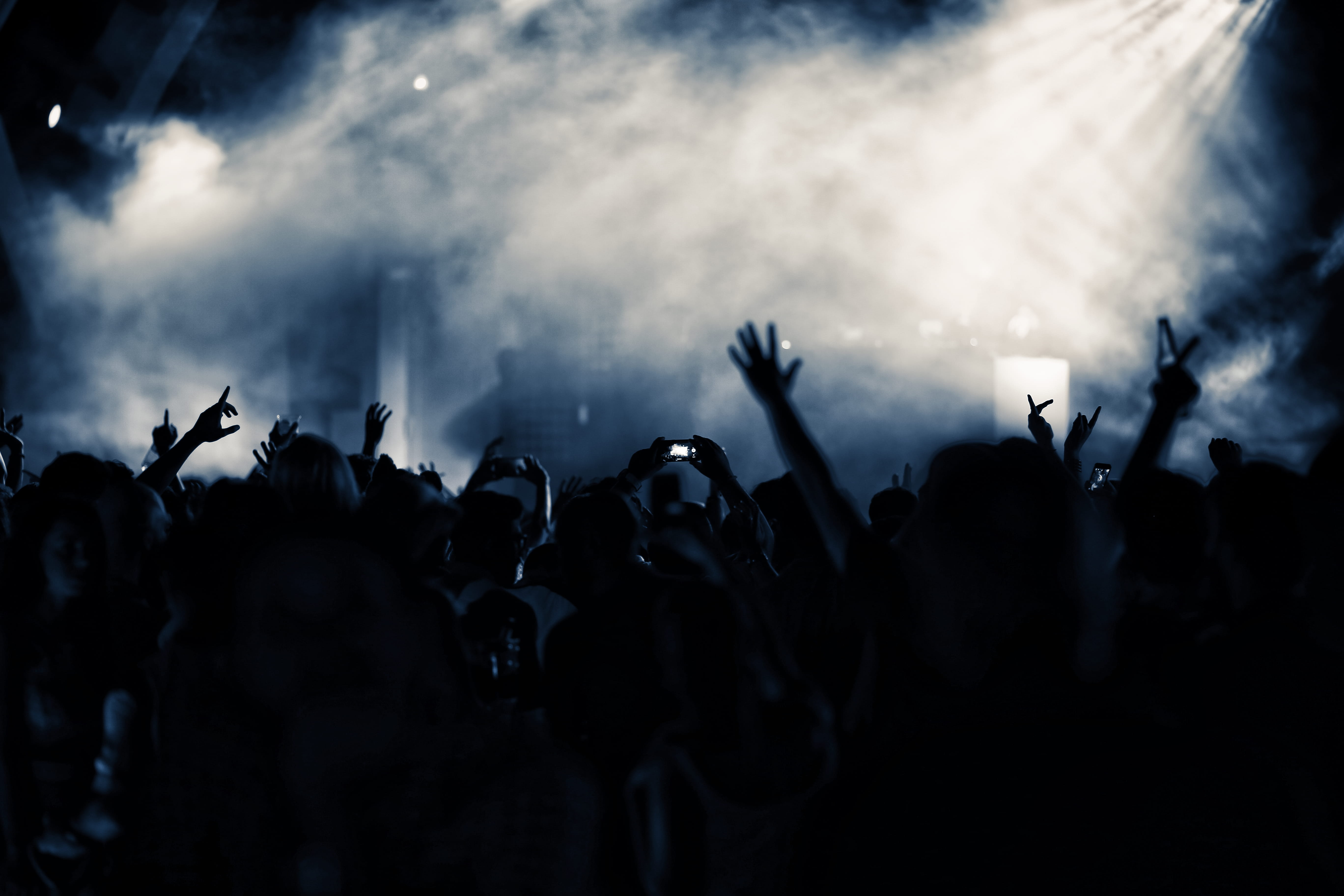 musician, arts culture and entertainment, event, excitement, festival, silhouette, music, rock music, performance, real people, crowd, raising, night, blue, HD Wallpaper
