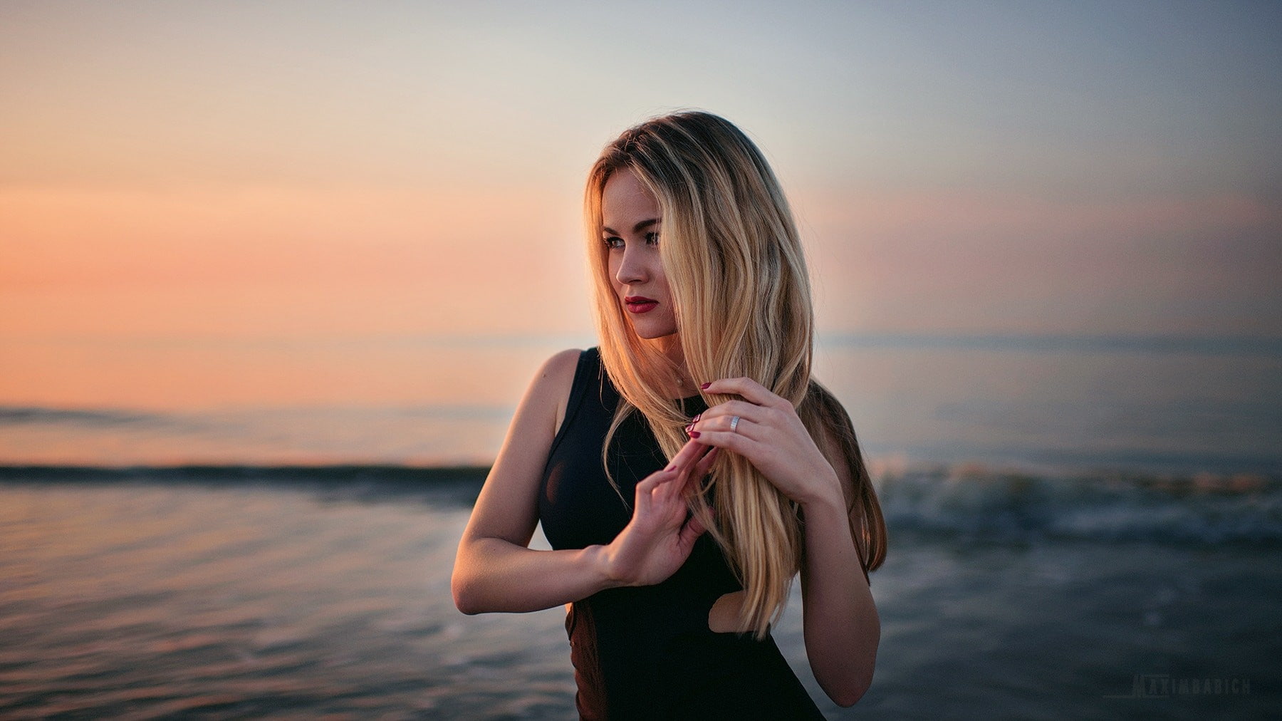 outdoors, hands in hair, hair, long hair, dress, black clothing, horizon, portrait, young adult, sea, freedom, teenager, 720P, blonde, standing, hairstyle, HD Wallpaper