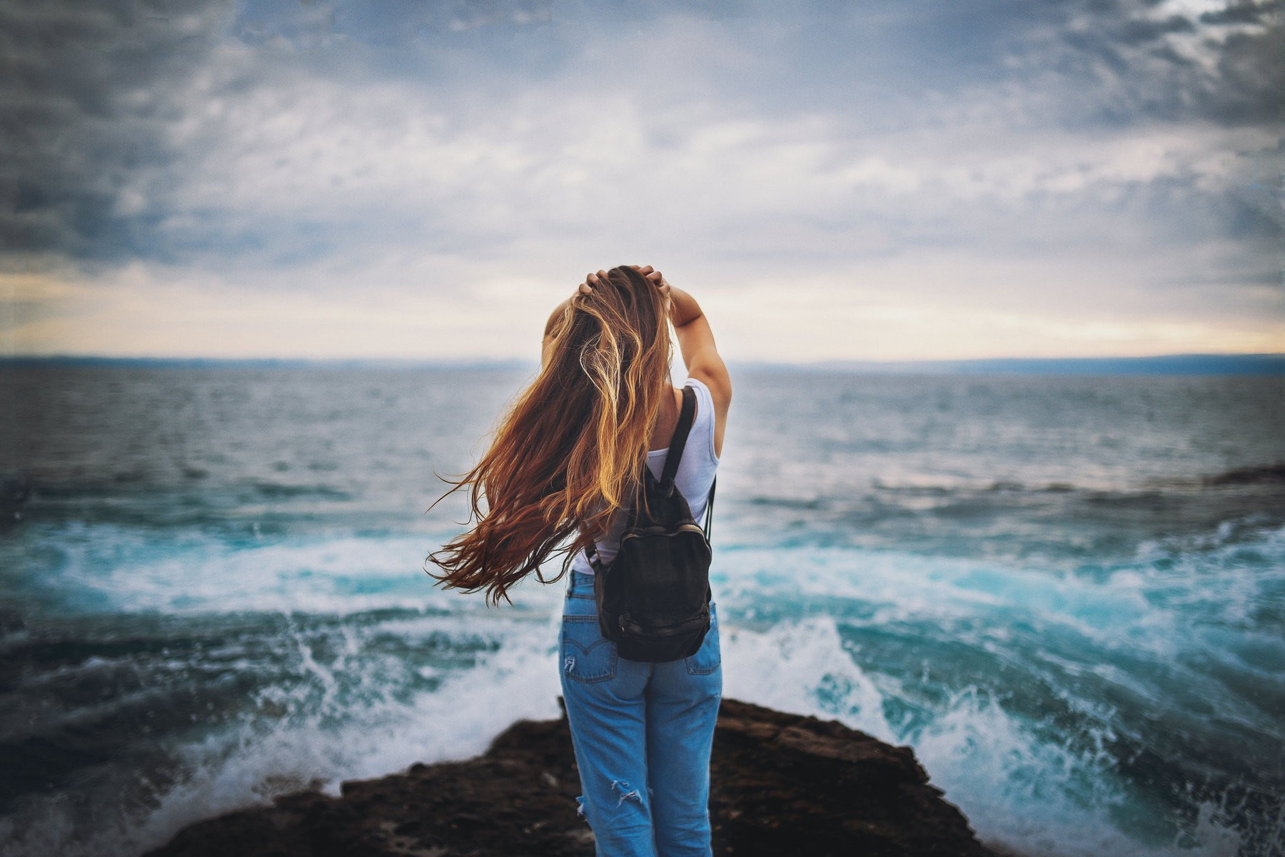 looking at view, nature, sky, land, leisure activity, Tia Liu, denim, outdoors, women outdoors, water, horizon, sea, 720P, windy, hair, adult, horizon over water, HD Wallpaper