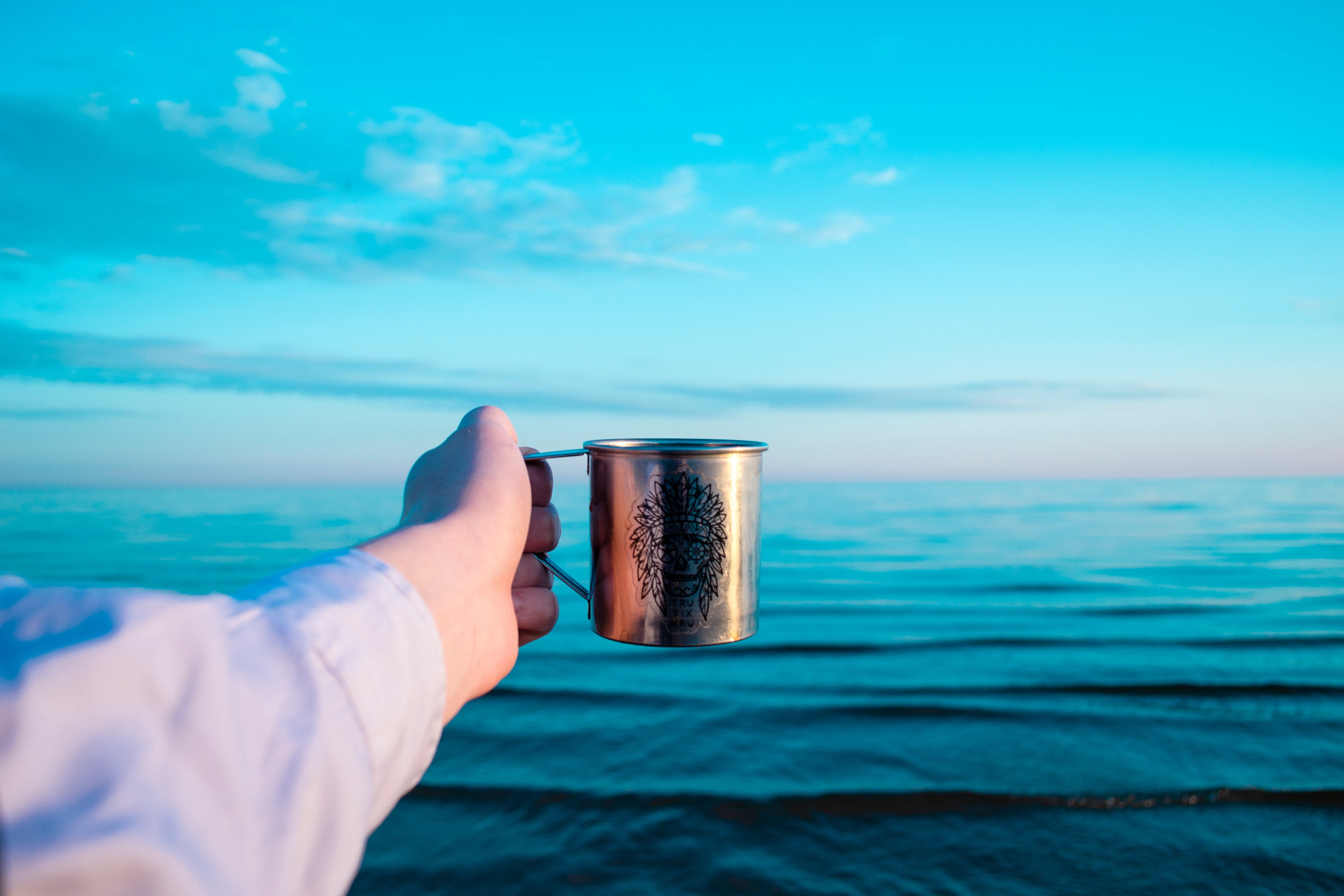 one person, body part, water, relax, steel, person, day, sky, mug, horizon over water, drink, cloud - sky, travel, real people, finger, lifestyles, nature, HD Wallpaper