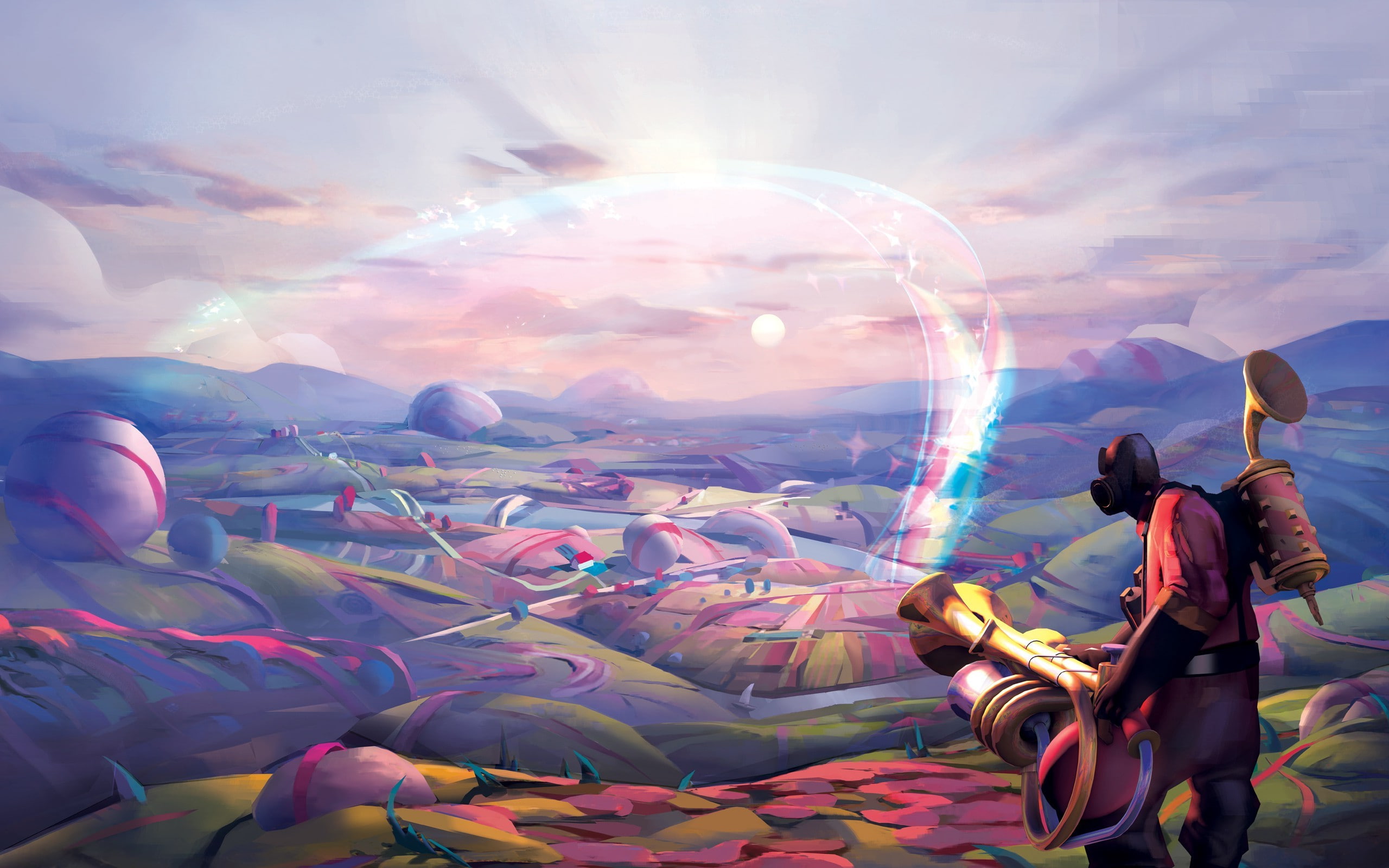 Team Fortress 2, Colorful, Pyro (character), rainbows, 2K, gun, HD Wallpaper