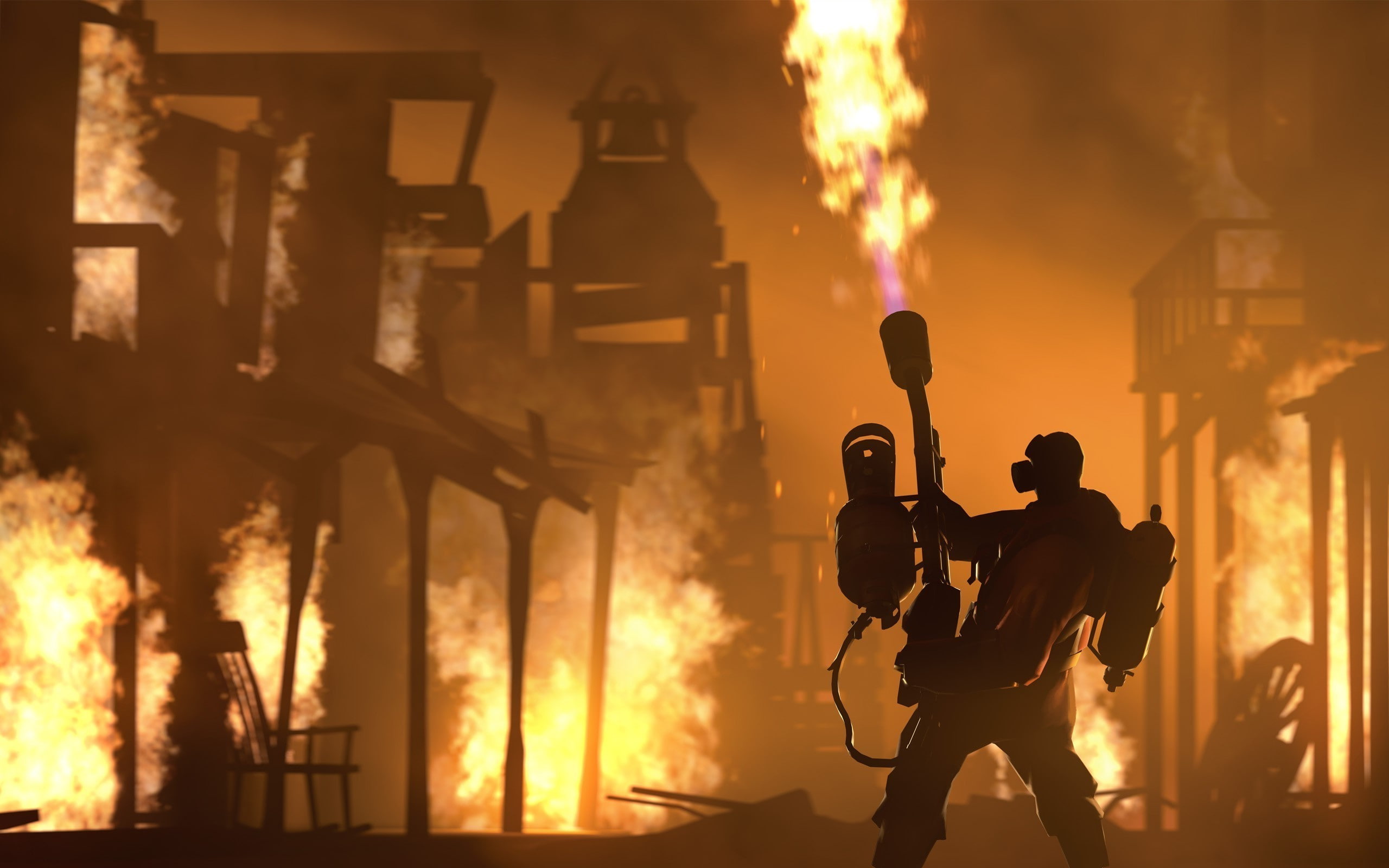 outdoors, men, fire - natural phenomenon, military, people, team fortress 2 pyro character video games, silhouette, nature, protection, burning, warning sign, HD Wallpaper