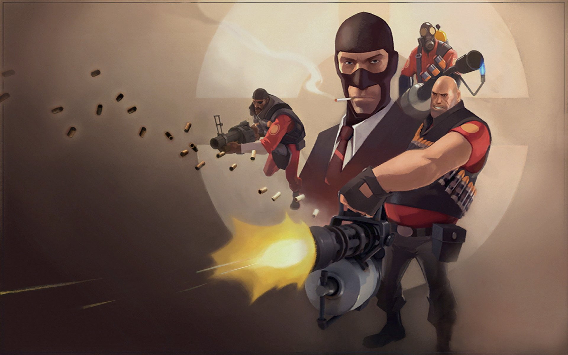 illustration, Spy (Team Fortress), holding, Soldier (Team Fortress), man, machine, gun, Team Fortress 2, Heavy (Team Fortress), Pyro (Team Fortress), character, HD Wallpaper