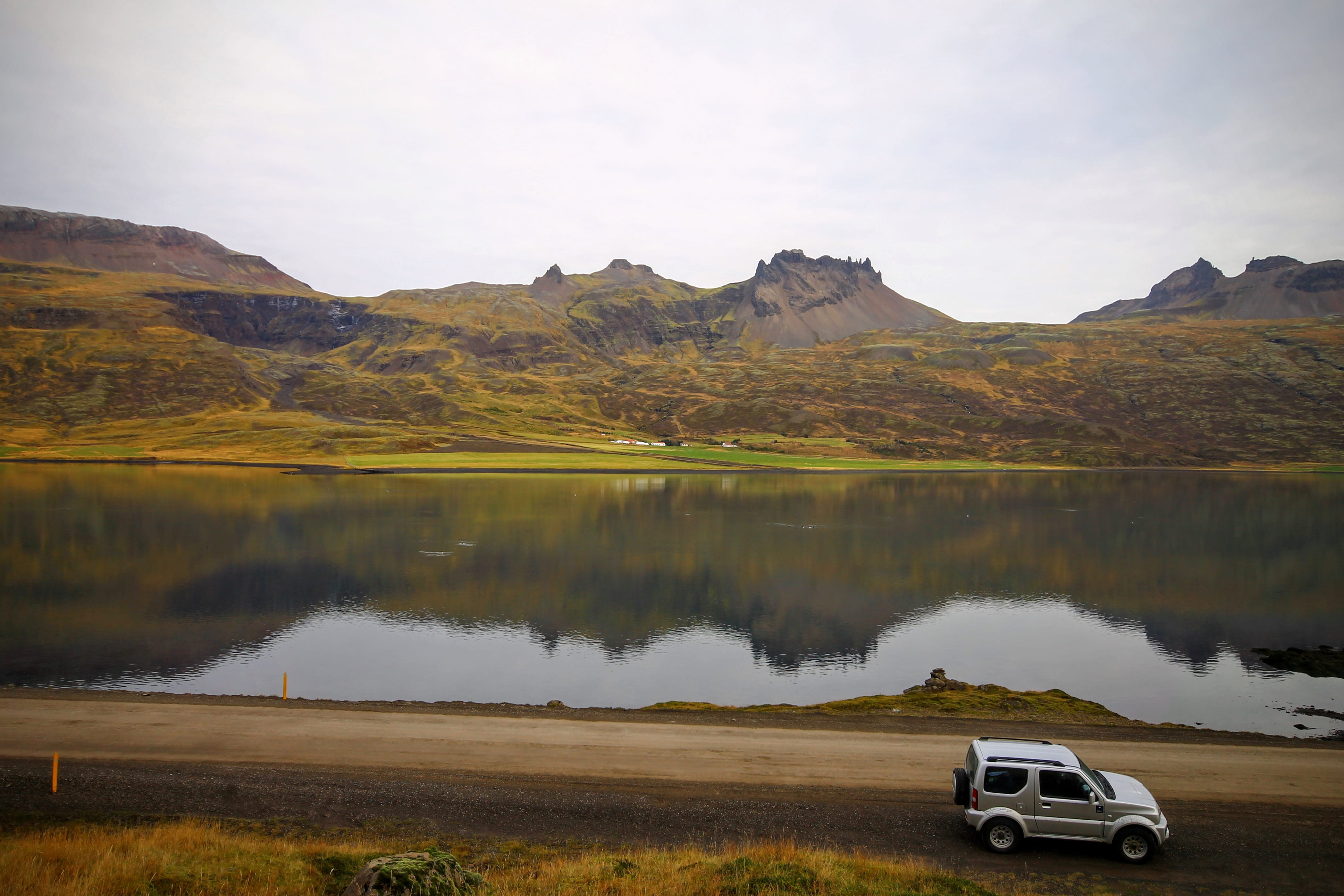 mountain range, scenics - nature, 4K, sports utility vehicle, reflection, lake, jeep, sky, iceland, suzuki, outdoors, no people, water, transportation, HD Wallpaper