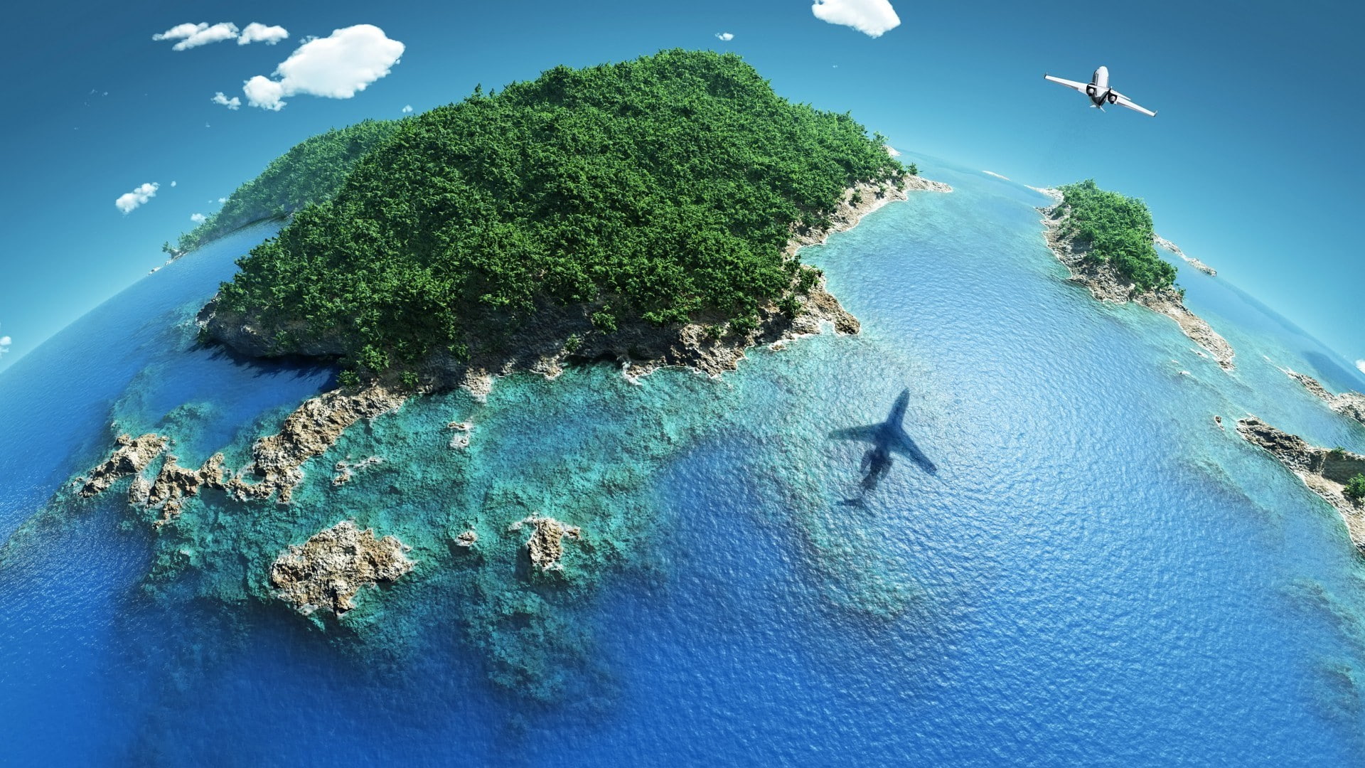 trees, clouds, nature, coast, forest, fisheye lens, sea, photo manipulation, 1080P, island, shadow, airplane, landscape, coral reef, aerial view, HD Wallpaper