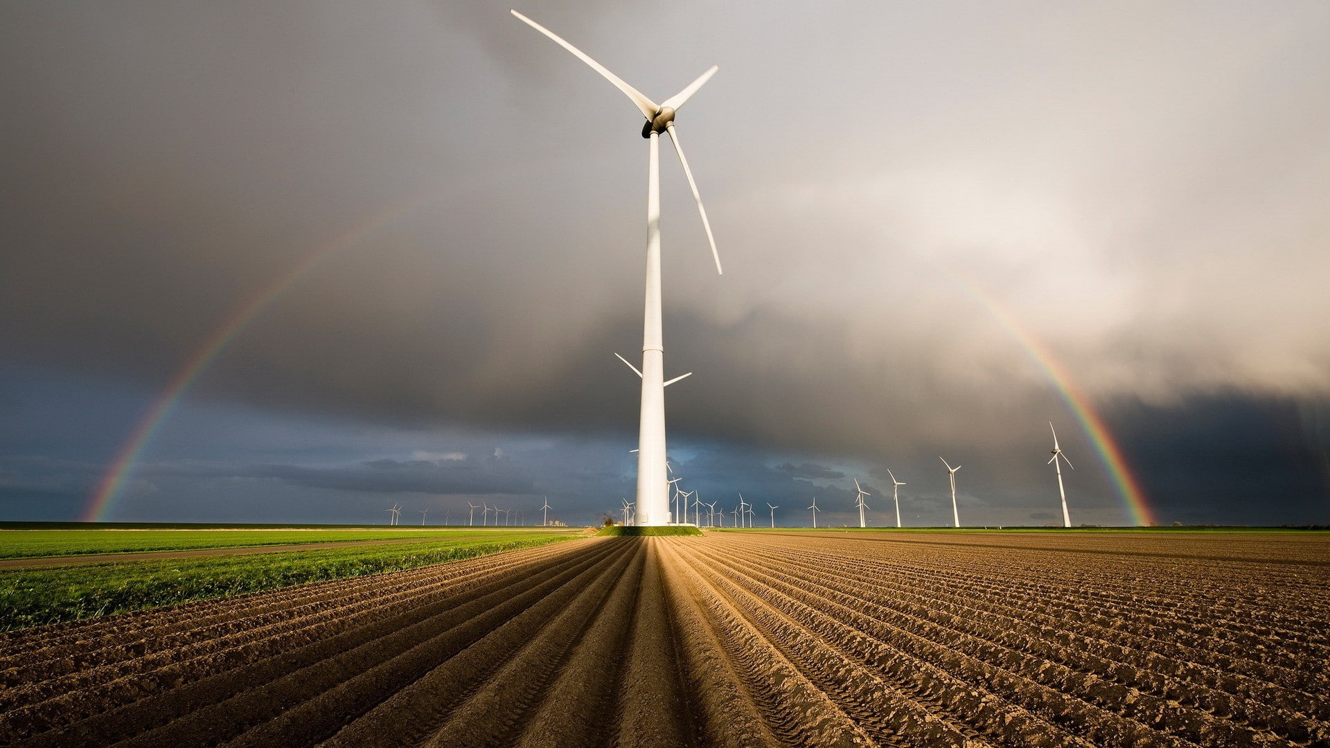 sky, field, clouds, fisheye lens, landscape, wind turbine, nature, 1080P, horizon, storm, rainbows, HD Wallpaper
