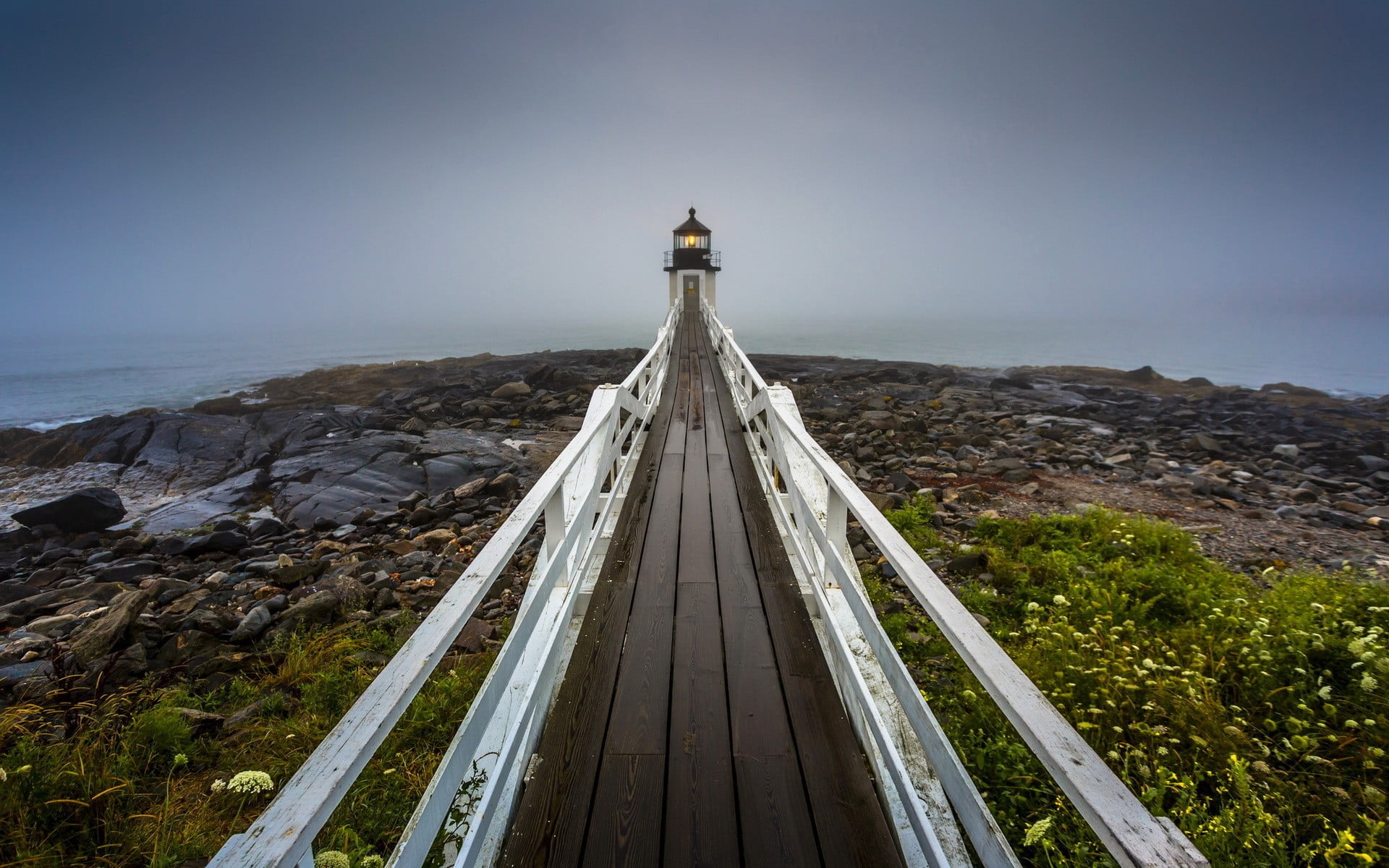 fisheye lens, dock, built structure, architecture, sky, landscape, diminishing perspective, lighthouse, mountain, horizon over water, plants, rock, sea, HD Wallpaper