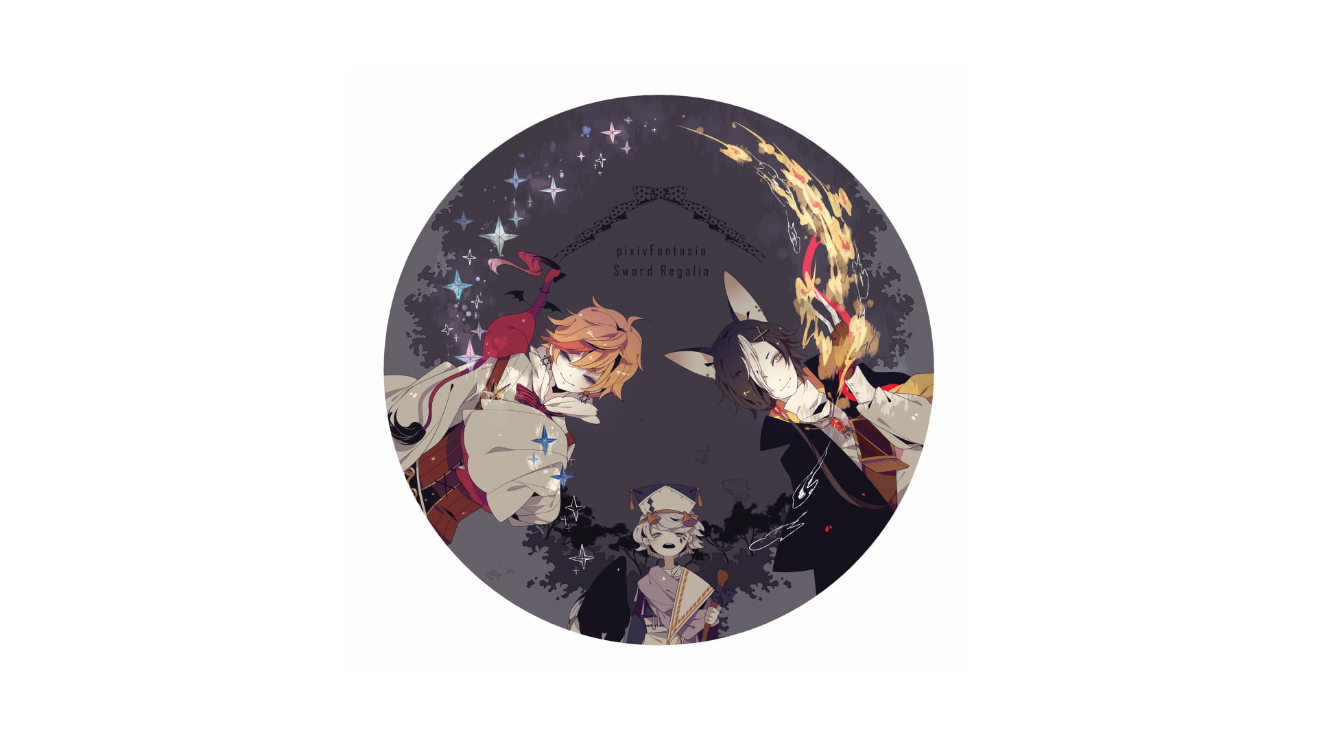 kimono, stars, redhead, white hair, pointed ears, animal ears, Pixiv Fantasia : Sword Regalia, Pixiv Fantasia, smiling, anime boys, fisheye lens, suits, HD Wallpaper