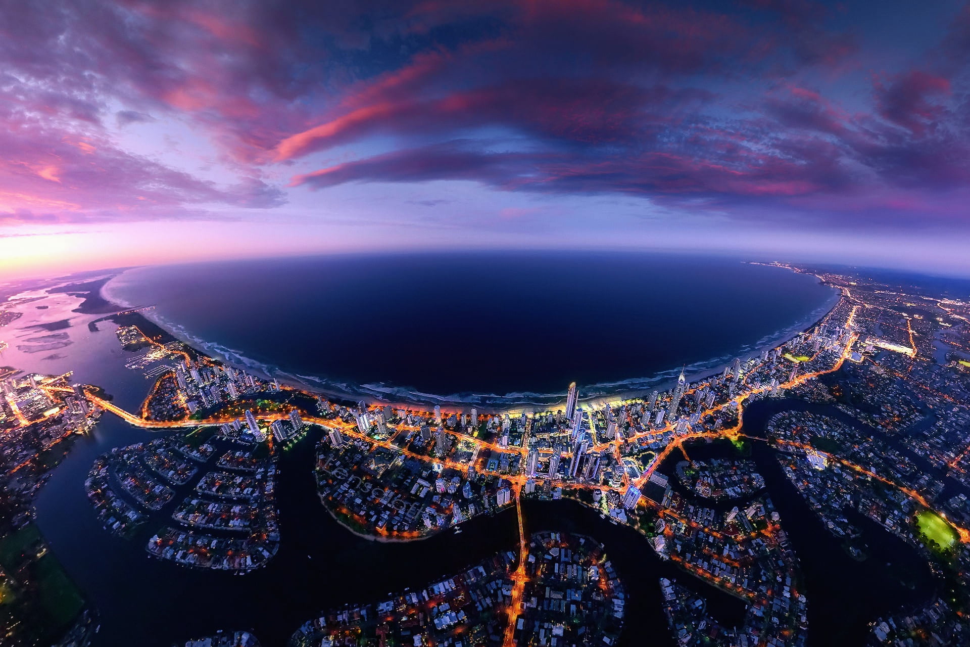 1080P, city, queensland, Australia, fisheye lens, coast, clouds, horizon, aerial view, sky, HD Wallpaper