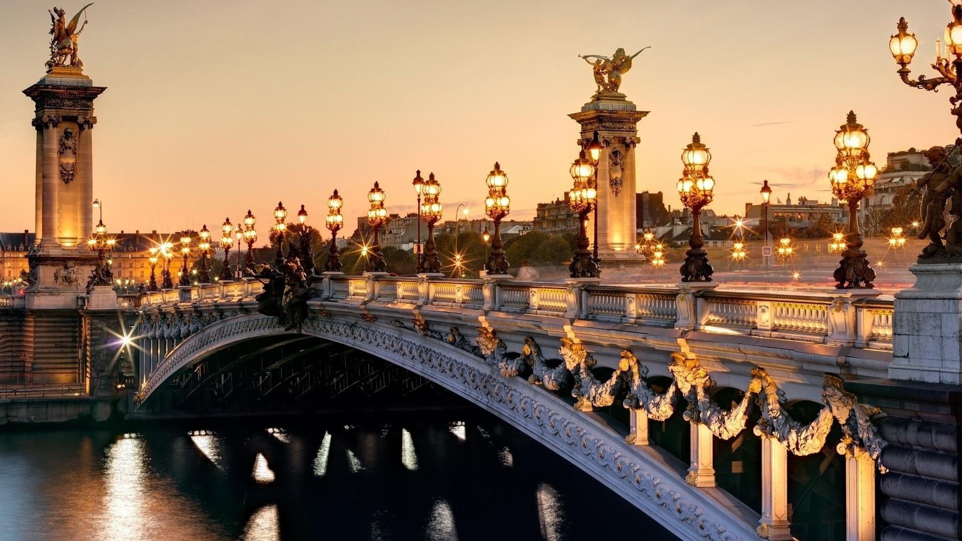 illuminated, travel destinations, sunset, paris, no people, 1080P, lighting, cityscape, evening, eu, history, building, architectural column, bridge - man made structure, HD Wallpaper