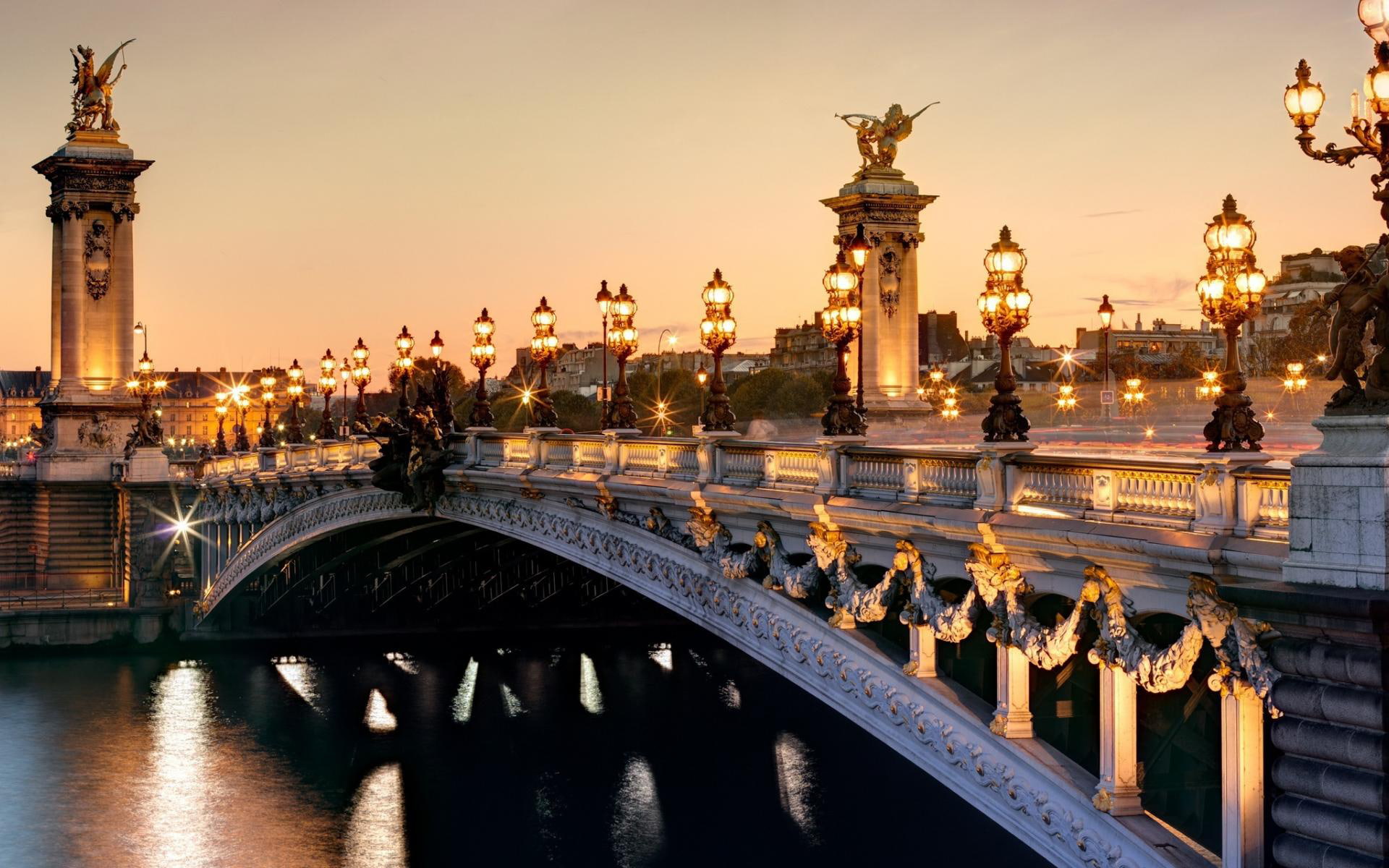 alexandre, sunset, 1080P, lights, pont, sky, paris, roads, statue, rivers, reflection, lamp, france, iii, sunrise, HD Wallpaper