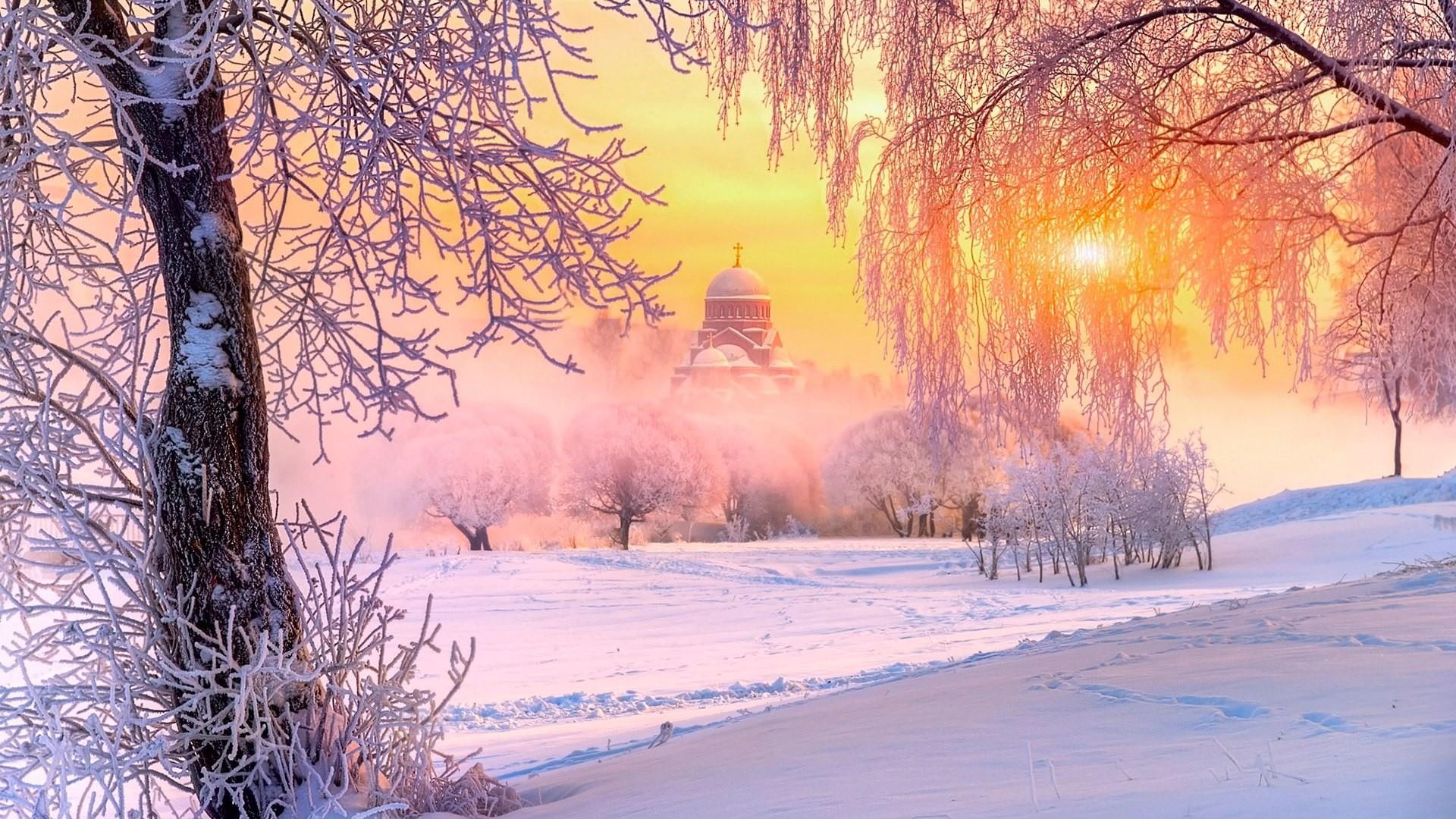 tree, winter, park, snow, temple, 1080P, sunlight, russia, st. petersburg, chapel, morning, frost, freezing, light, orange sky, branch, sky, sunrise, murinskiy park, HD Wallpaper