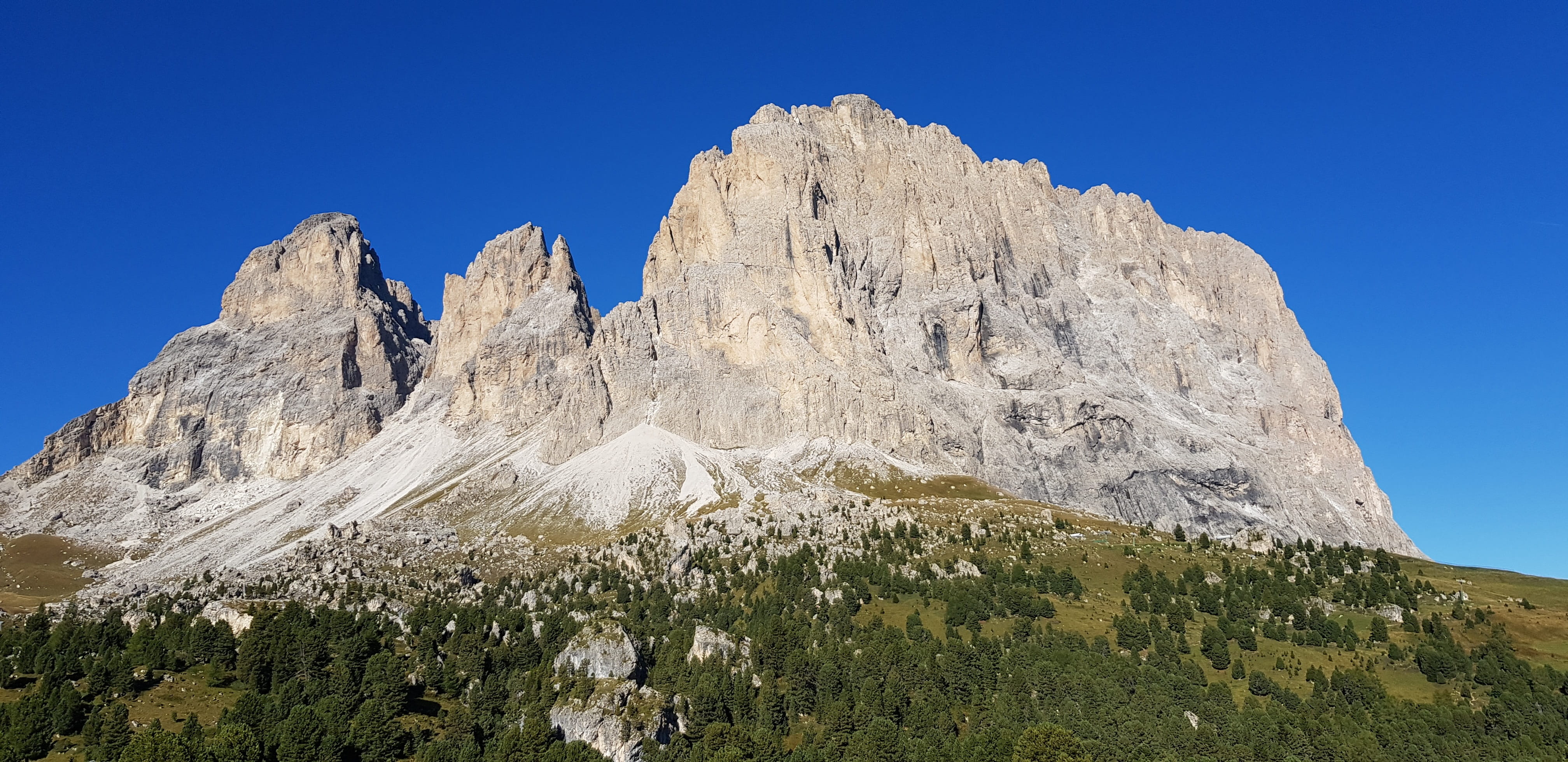 clear sky, formation, blue, mountain range, environment, mountain peak, rock - object, no people, solid, the langkofel, tree, plant, mountain, land, sky, HD Wallpaper