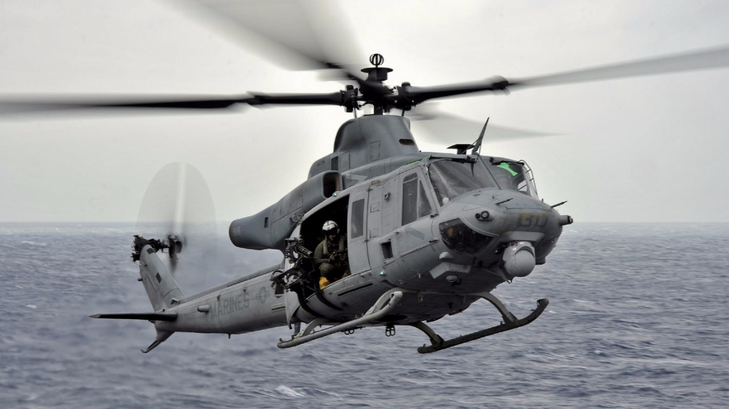 mid-air, sea, water, Bell UH-1Y Venom, USMC, military training, day, cockpit, motion, flying, military, transportation, helicopter, airplane, mode of transportation, HD Wallpaper
