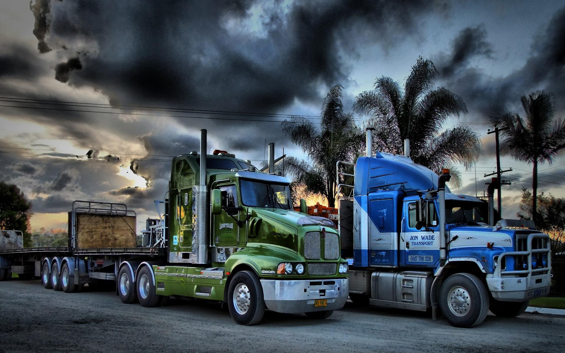 parked, 1080P, stormy, clouds, trees, cars, hdr, flatbeds, trucks, two, HD Wallpaper
