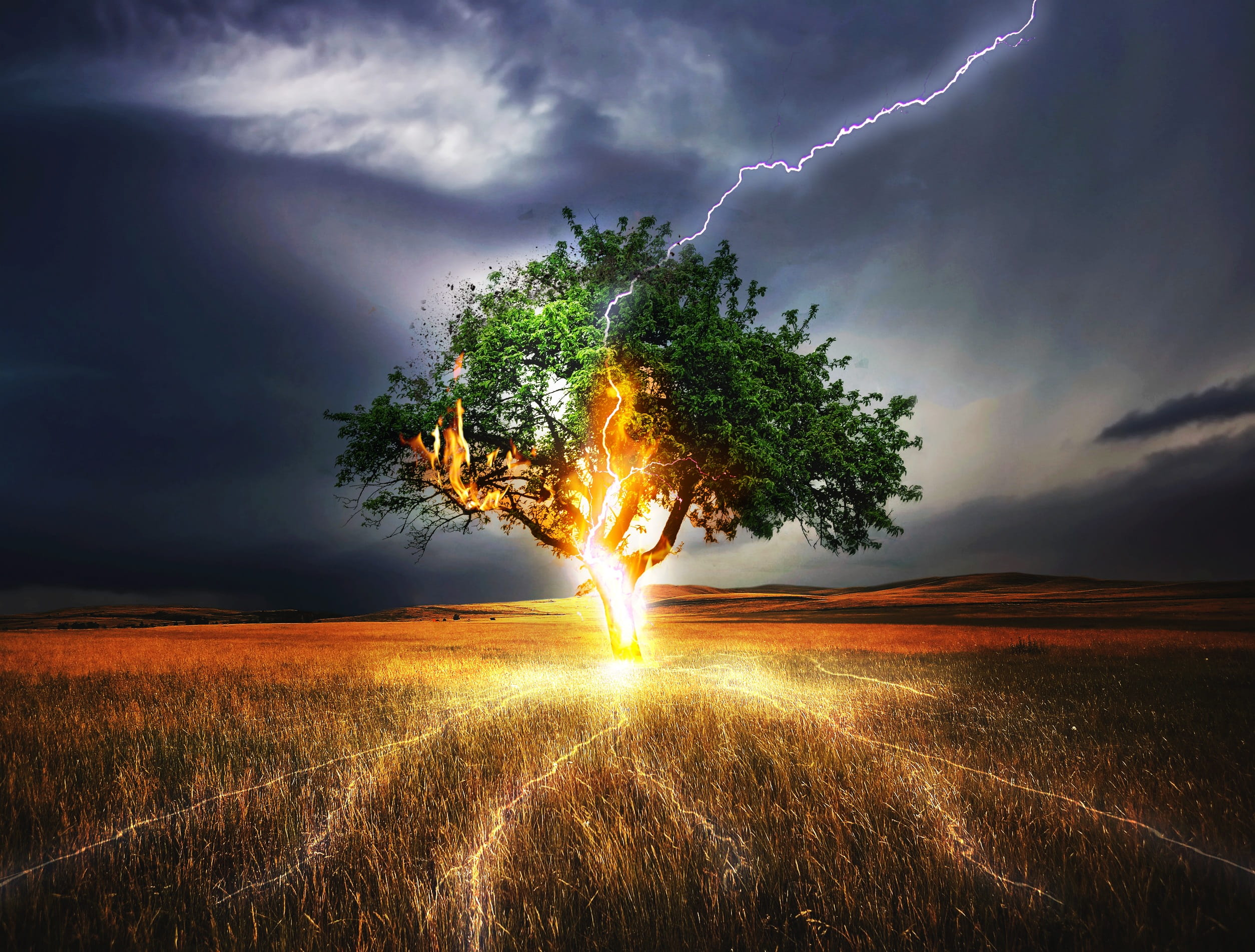 dusk, fire, impact, cloud - sky, beauty in nature, light, field, dramatic sky, sky, sign, dangerous, storm cloud, environment, lightning weft, illuminated, HD Wallpaper