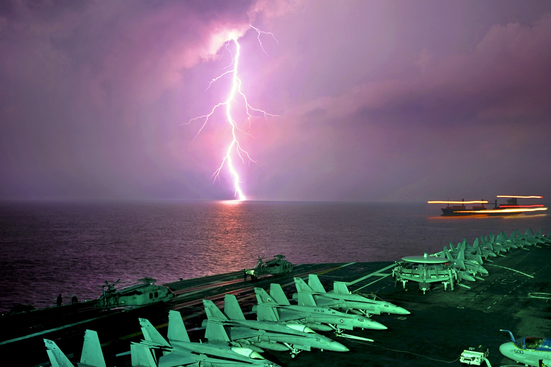 vessel, aircraft, water, flash, environment, nature, storm, horizon over water, no people, planes, storm cloud, horizon, sea, ship, lightning, light, bay, HD Wallpaper