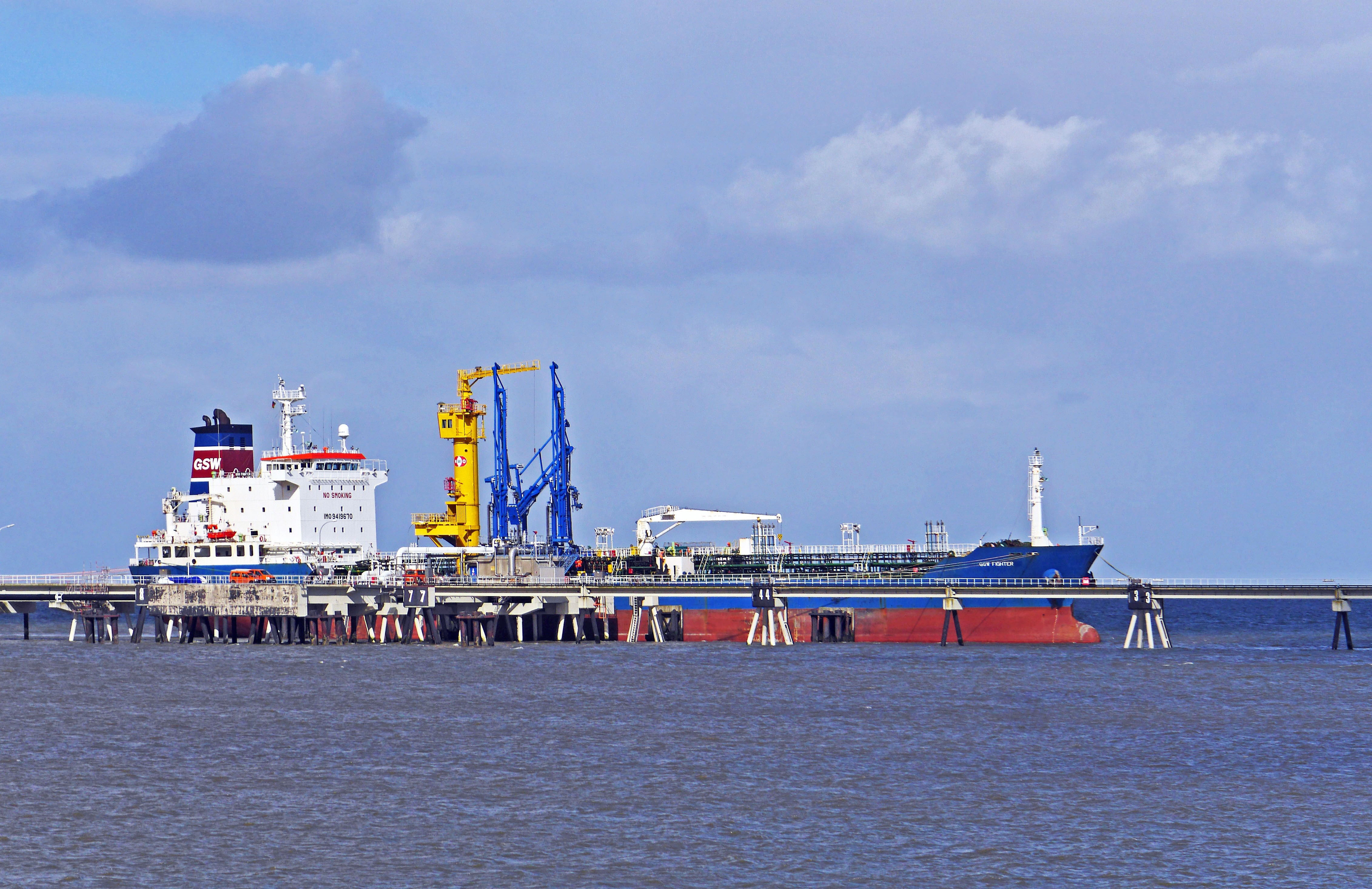 built structure, sky, oil port, north sea, north sea coast, blue, tanker, coast, passenger craft, sea bridge, waterfront, body, daytime, tide, nature, sea, HD Wallpaper