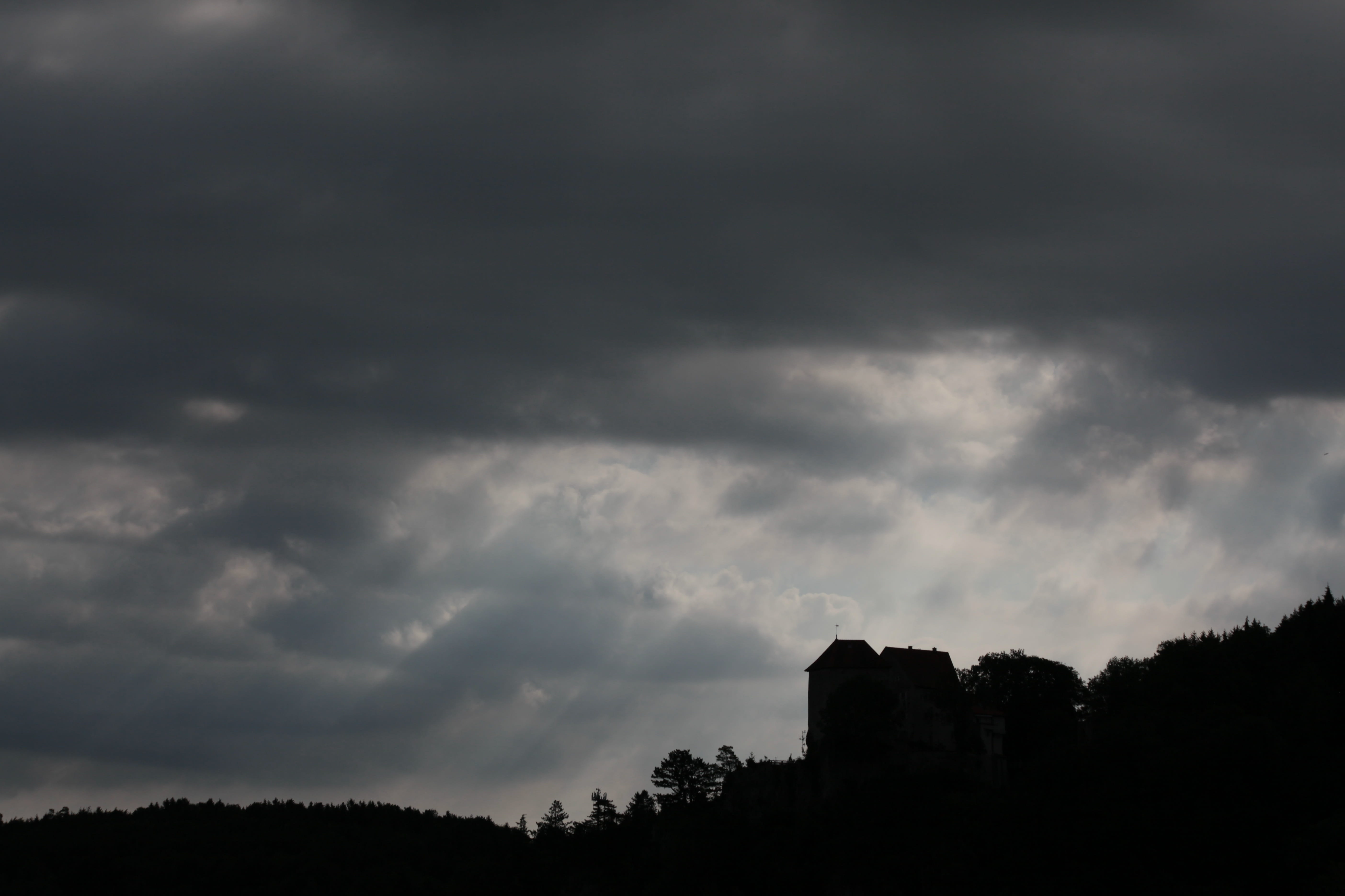 plant, storm, dusk, scenics - nature, beauty in nature, castle, sky, cloud - sky, forest, tranquility, storm cloud, low angle view, dramatic sky, tranquil scene, HD Wallpaper