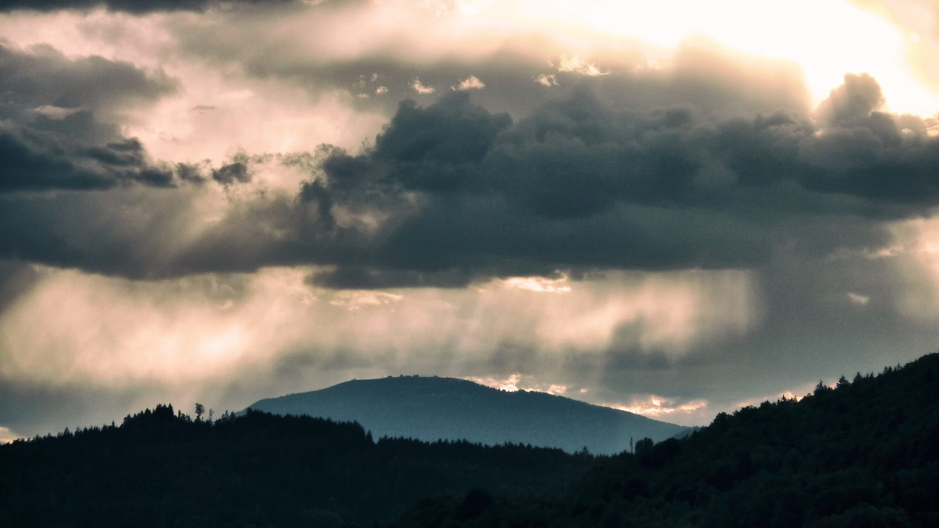 mountain, storm, panorama, landscape, dramatic, scenics - nature, sky, tranquil scene, hills, dramatic sky, sunset, cloudscape, no people, rain, cloud - sky, HD Wallpaper