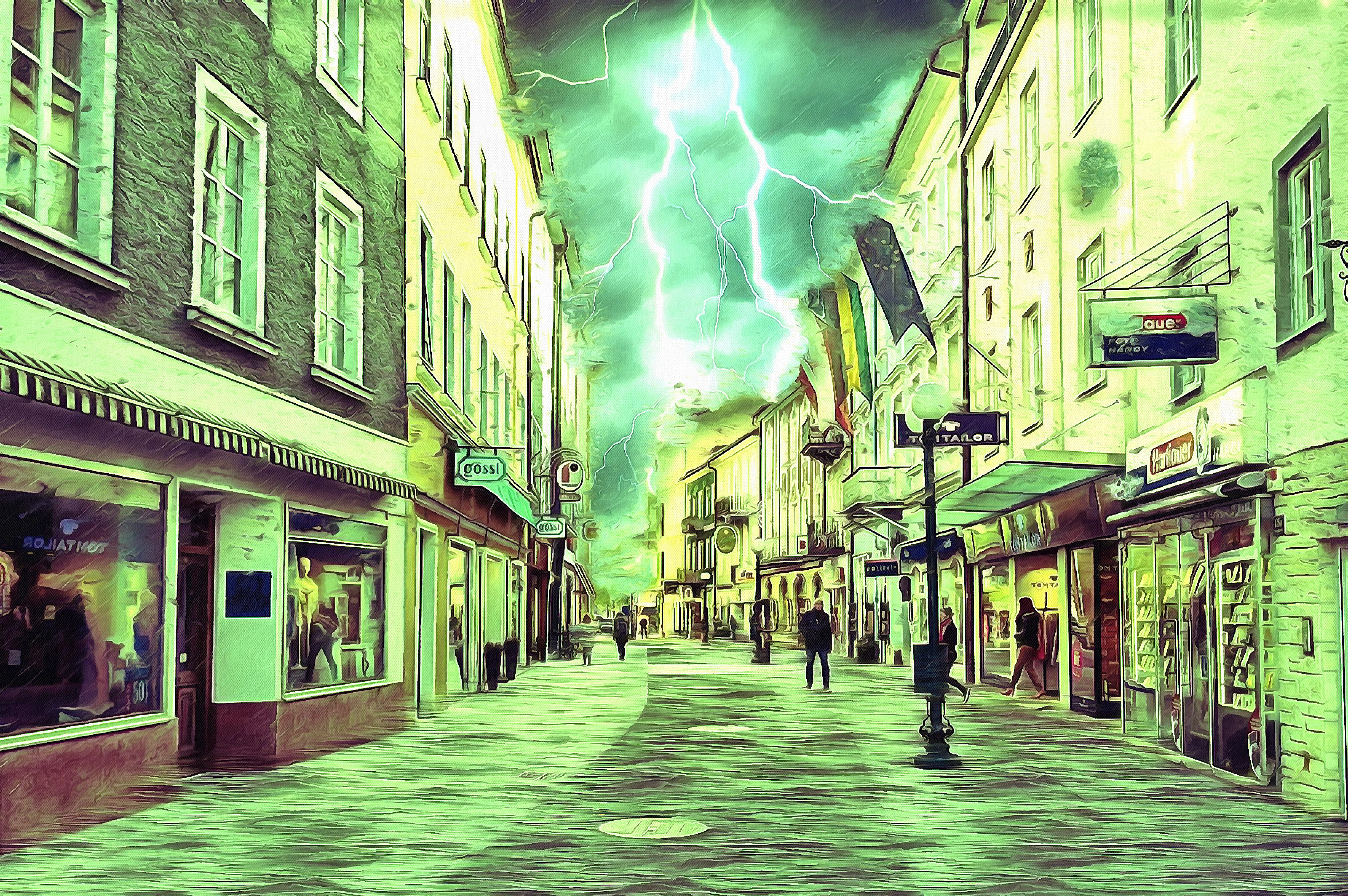 5K, outdoors, gloomy, rain clouds, weather, architecture, rain, built structure, thunderstorm, the way forward, building, illuminated, night, alley, sign, HD Wallpaper