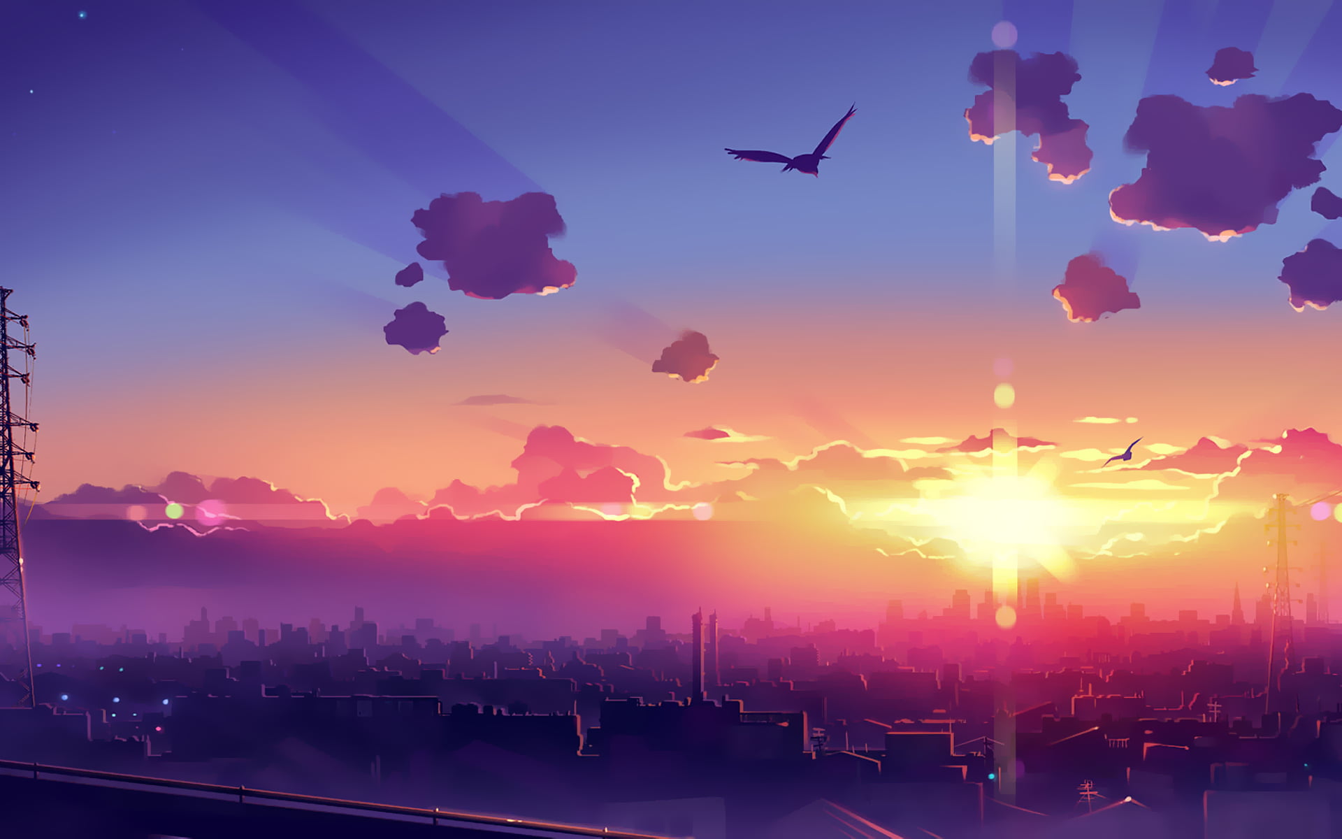 mode of transportation, sunbeam, landmark, lens flare, air vehicle, no people, city, cloud - Sky, red, landscape, sky, urban Scene, beauty in nature, sun, HD Wallpaper