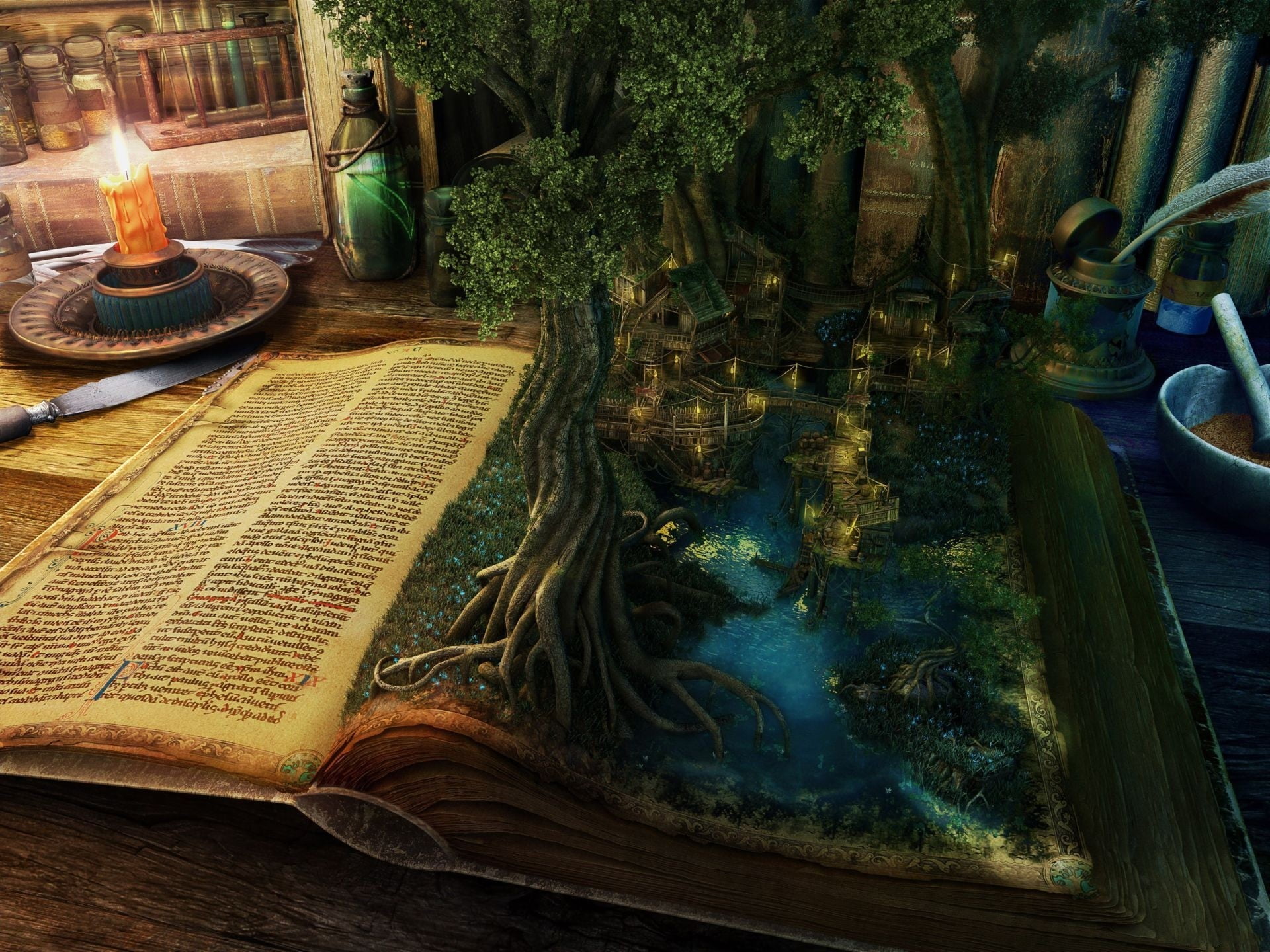 water, outdoors, food and drink, table, nature, no people, art and craft, architecture, plant, lake, built structure, swimming pool, books, glass, reflection, HD Wallpaper
