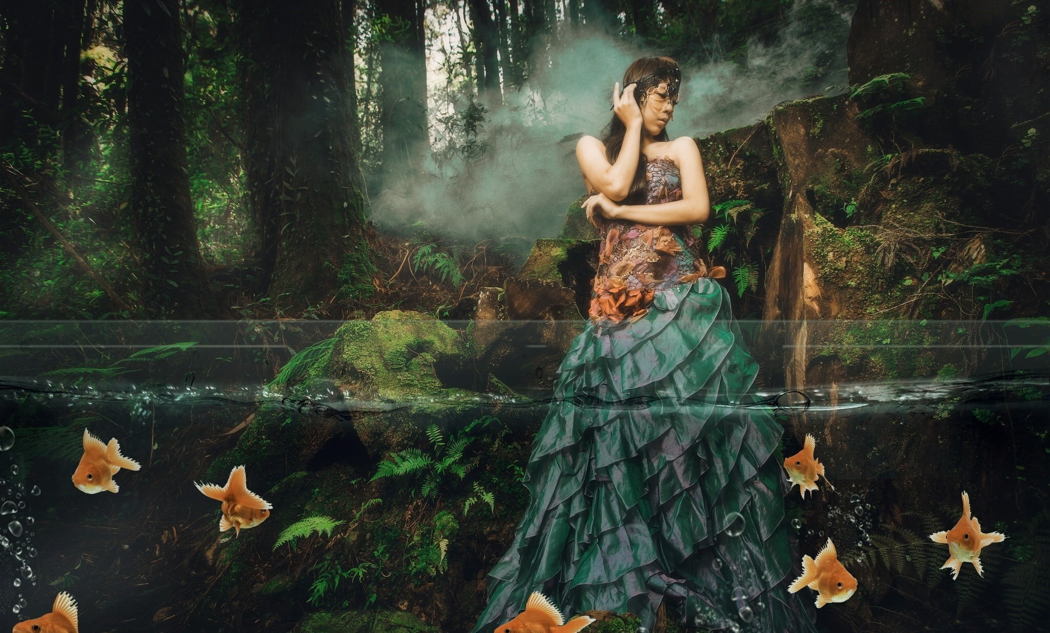 reflection, model, adult, vertebrate, transparent, fantasy art, floating on water, full length, fashion, outdoors, water, group of animals, fish, one person, HD Wallpaper