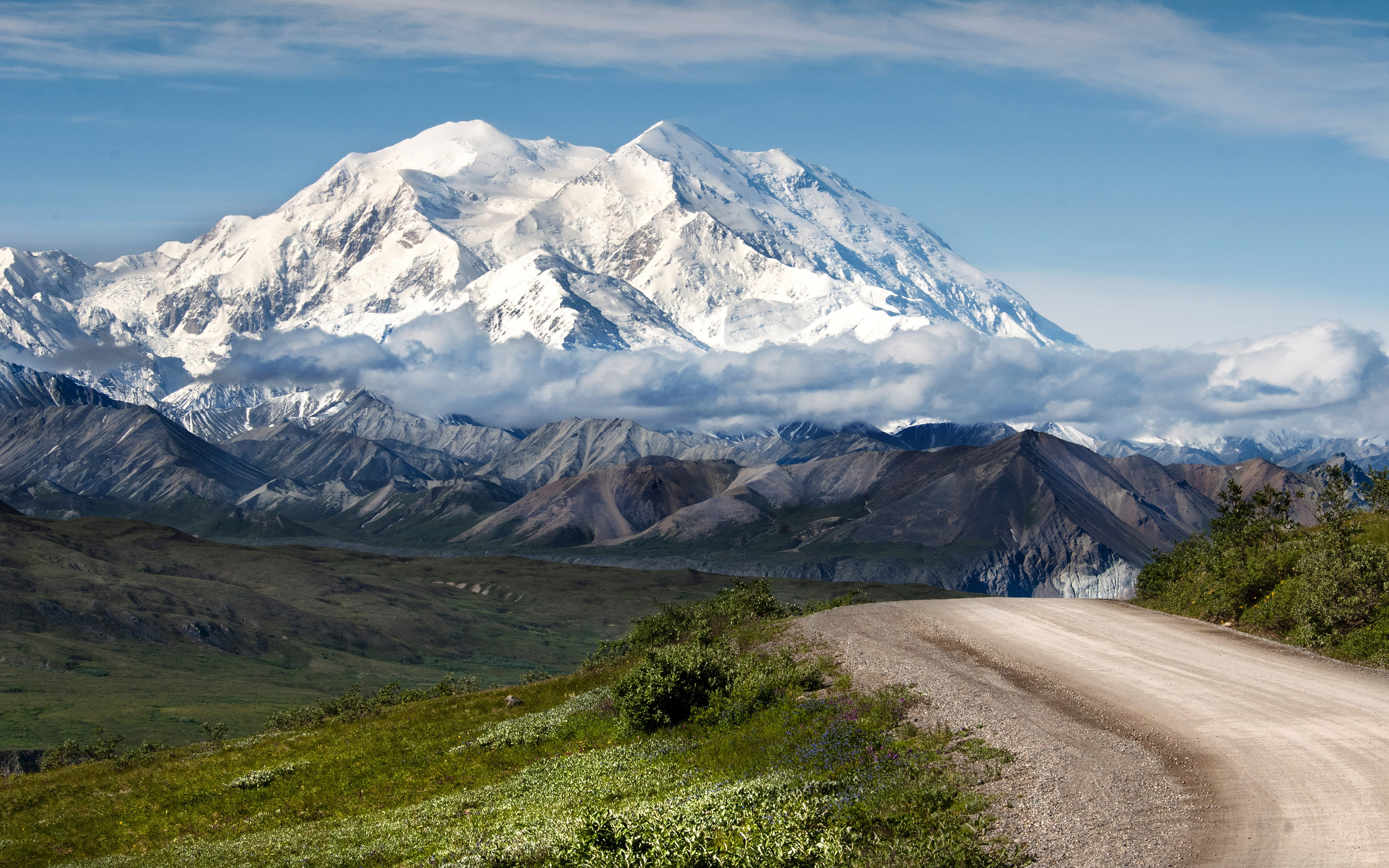 mountain, clouds, fog, 4K, denali, blue, park, evaporation, white, alaska, preserve, hd, road, mountains, valley, high, snow, national, HD Wallpaper