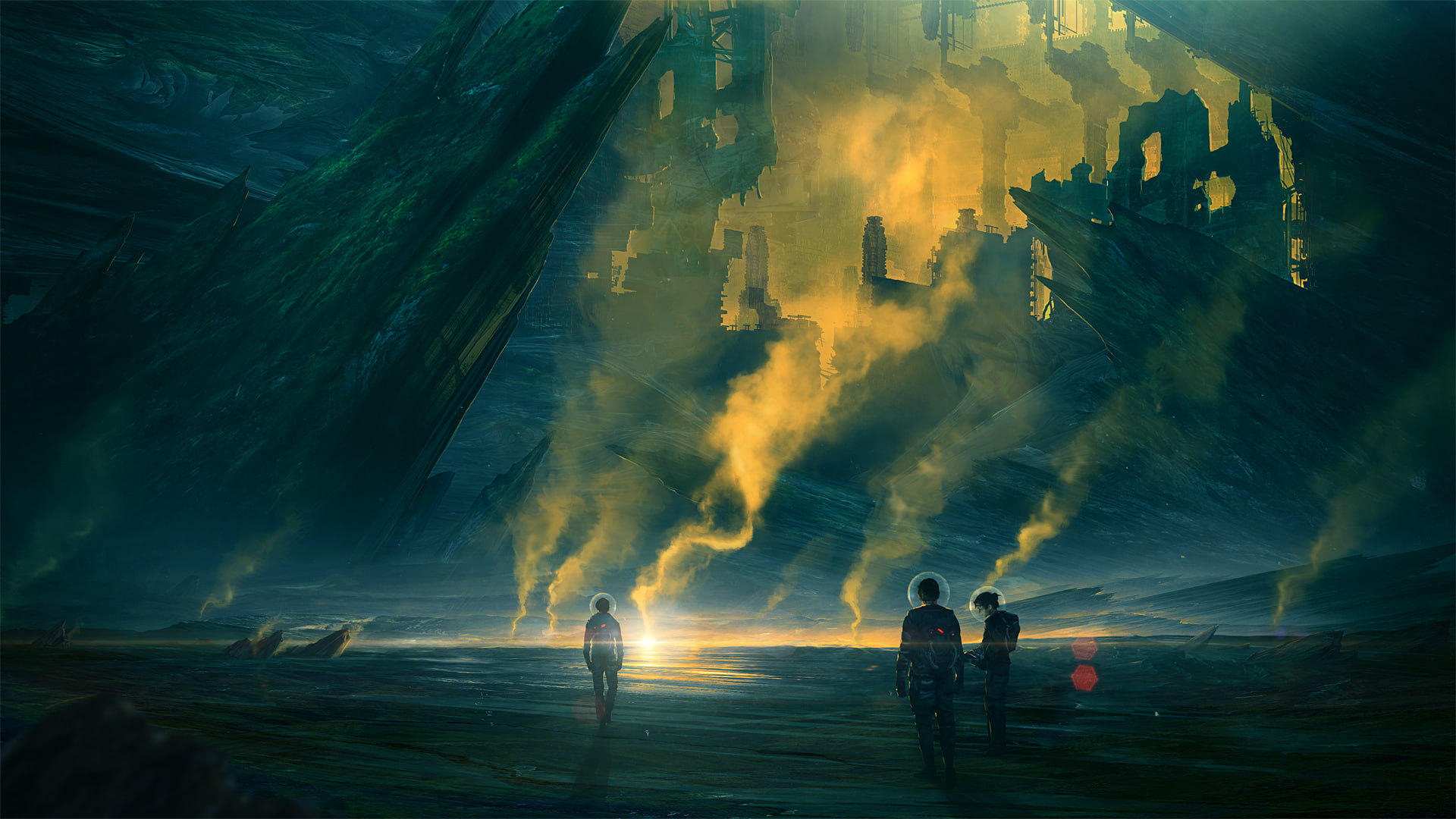 the suit, 1080P, ruins, rocks, art, fiction, evaporation, smoke, the astronauts, HD Wallpaper