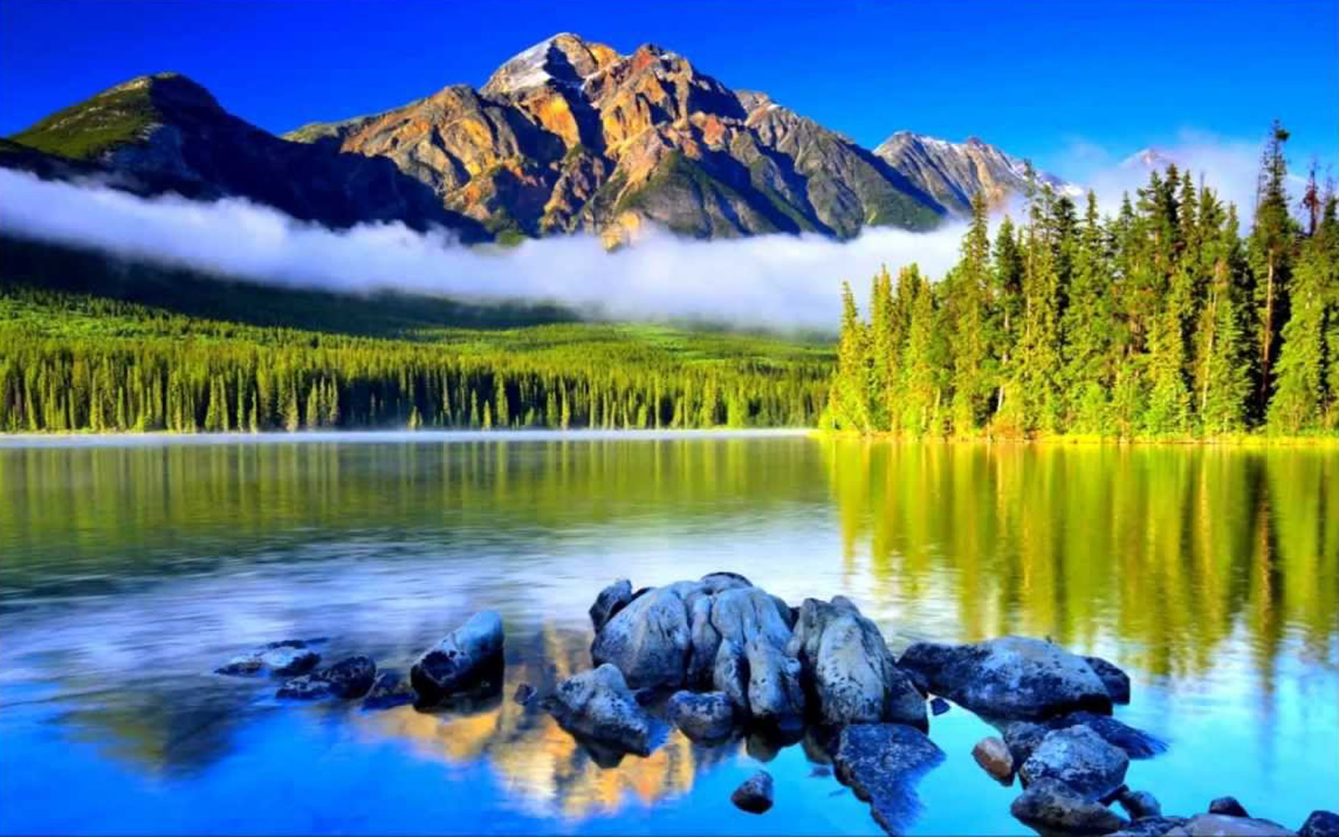 rock, blue, 1080P, hd, stone, pine, lake, evaporation, forest, mountain, desktop, resolution, mist, HD Wallpaper