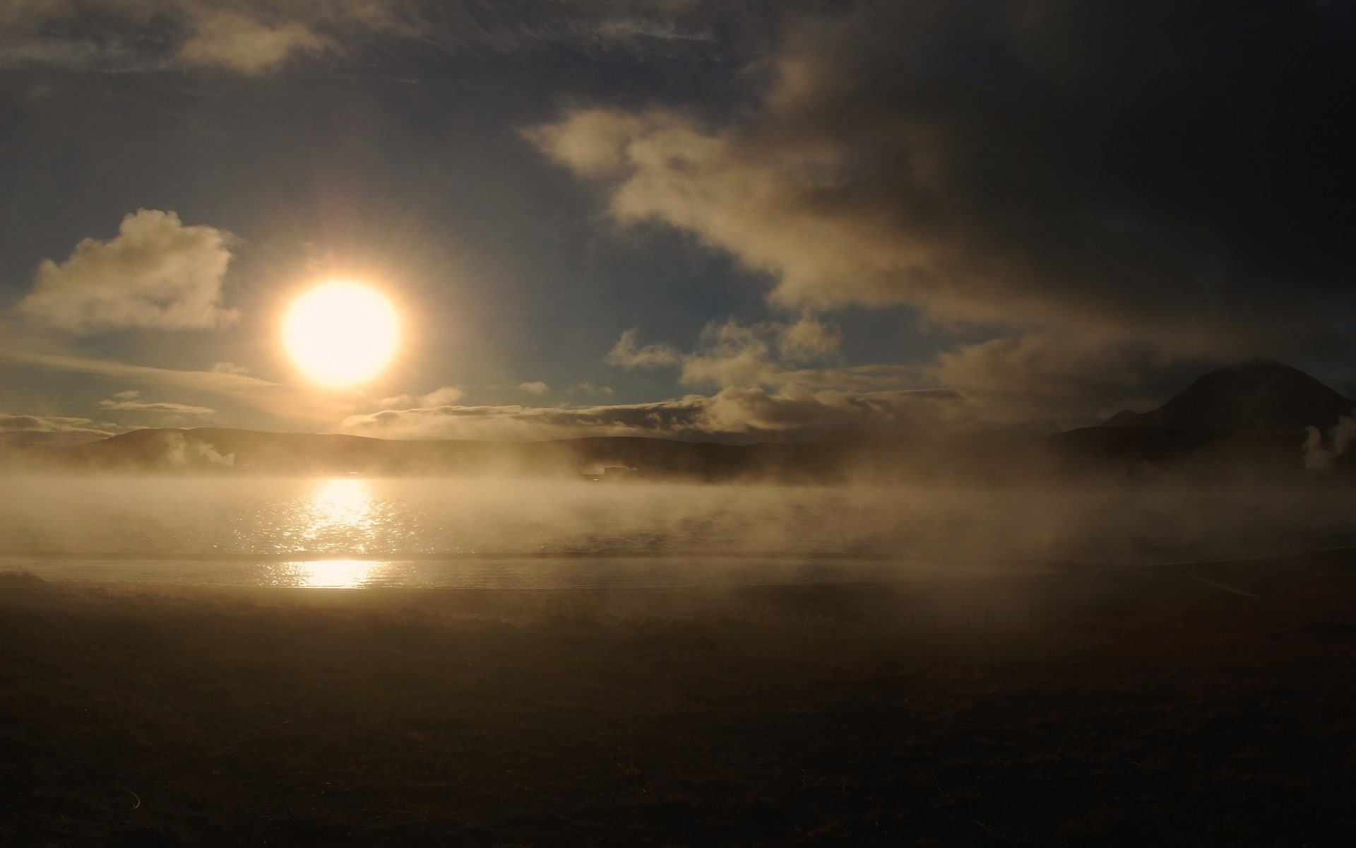 1080P, non-urban scene, water, sunset, environment, Evaporation, Fog, beauty in nature, lens flare, Dawn, tranquil scene, tranquility, nature, reflection, HD Wallpaper