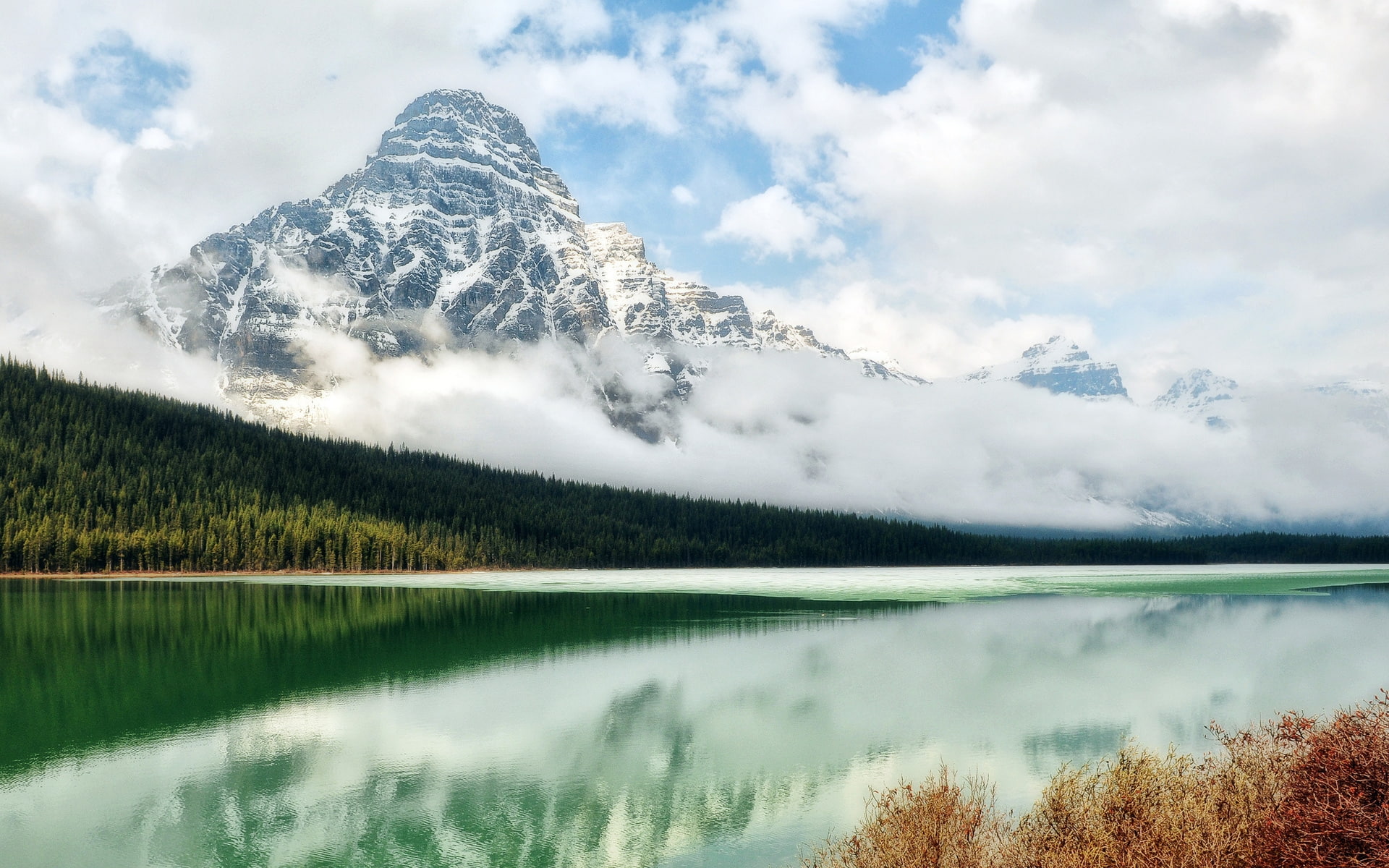 evaporation, desktop, lake, mist, green, forest, white, 1080P, sky, clouds, snow, pine, mountains, HD Wallpaper