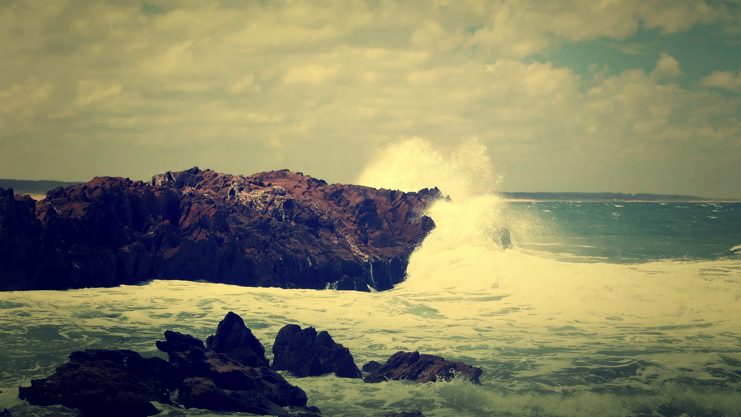 scenics - nature, filter, rock formation, solid, crash, sky, tranquil scene, outdoors, beauty in nature, coast, motion, nature, waves, 2K, land, power in nature, HD Wallpaper