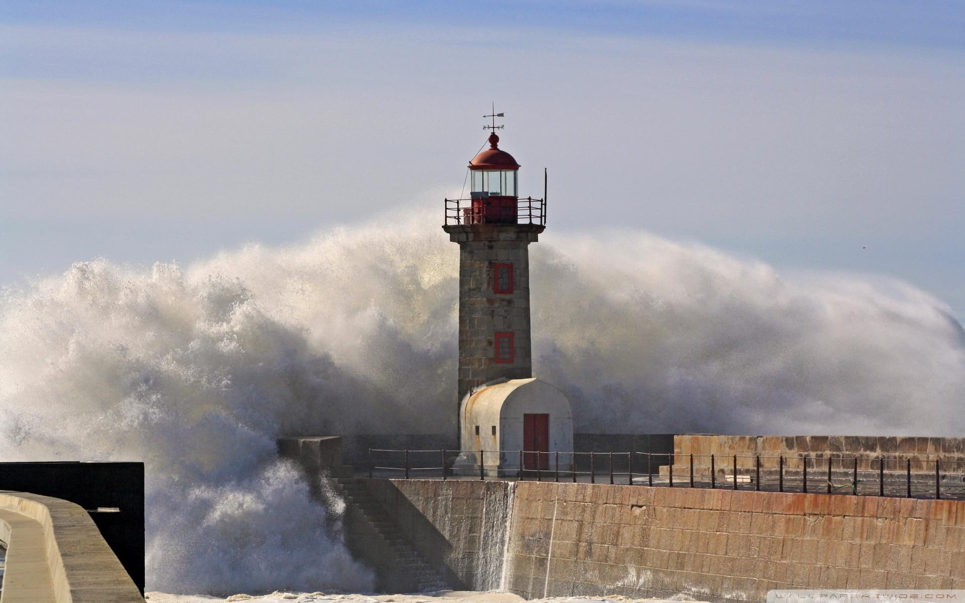 stairs, crashing, lighthouse, 1080P, wall, wave, animals, HD Wallpaper
