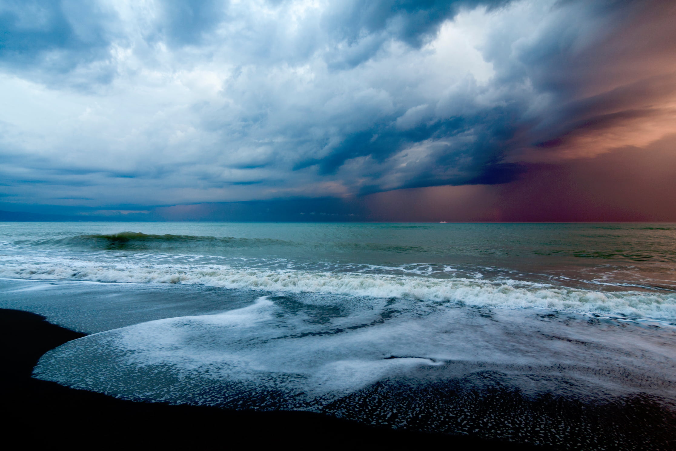 cloud - Sky, sport, sunset, waves, weather, 1080P, body, surfing, power in nature, cloudy, white, seascape, water, blue, scenics, horizon over water, dramatic sky, HD Wallpaper