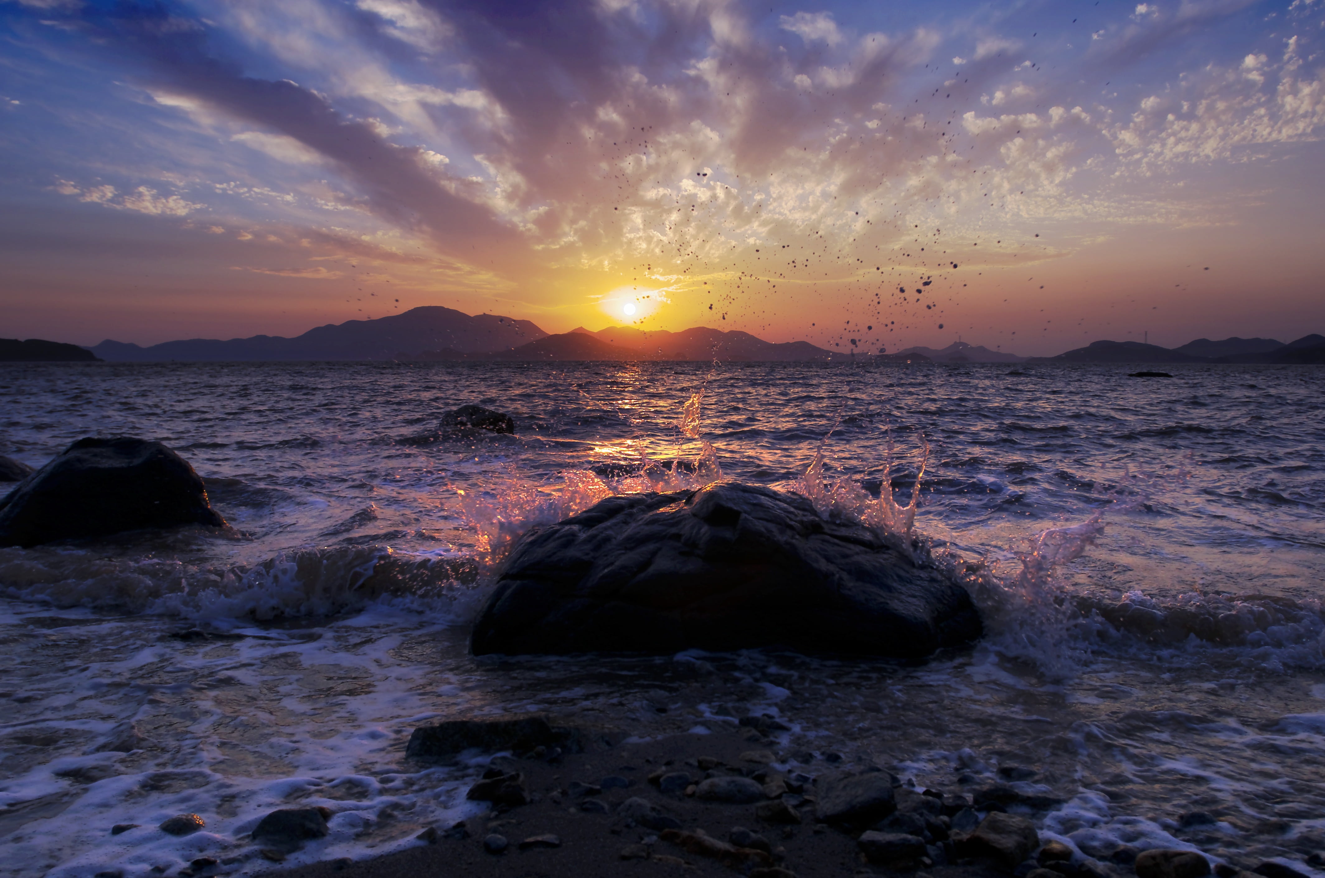 power in nature, sunset, high contrast, crashing, beach, no people, rock, breaking, silhouette, sky, the sea, solid, reflection, motion, cloud - sky, wave, HD Wallpaper