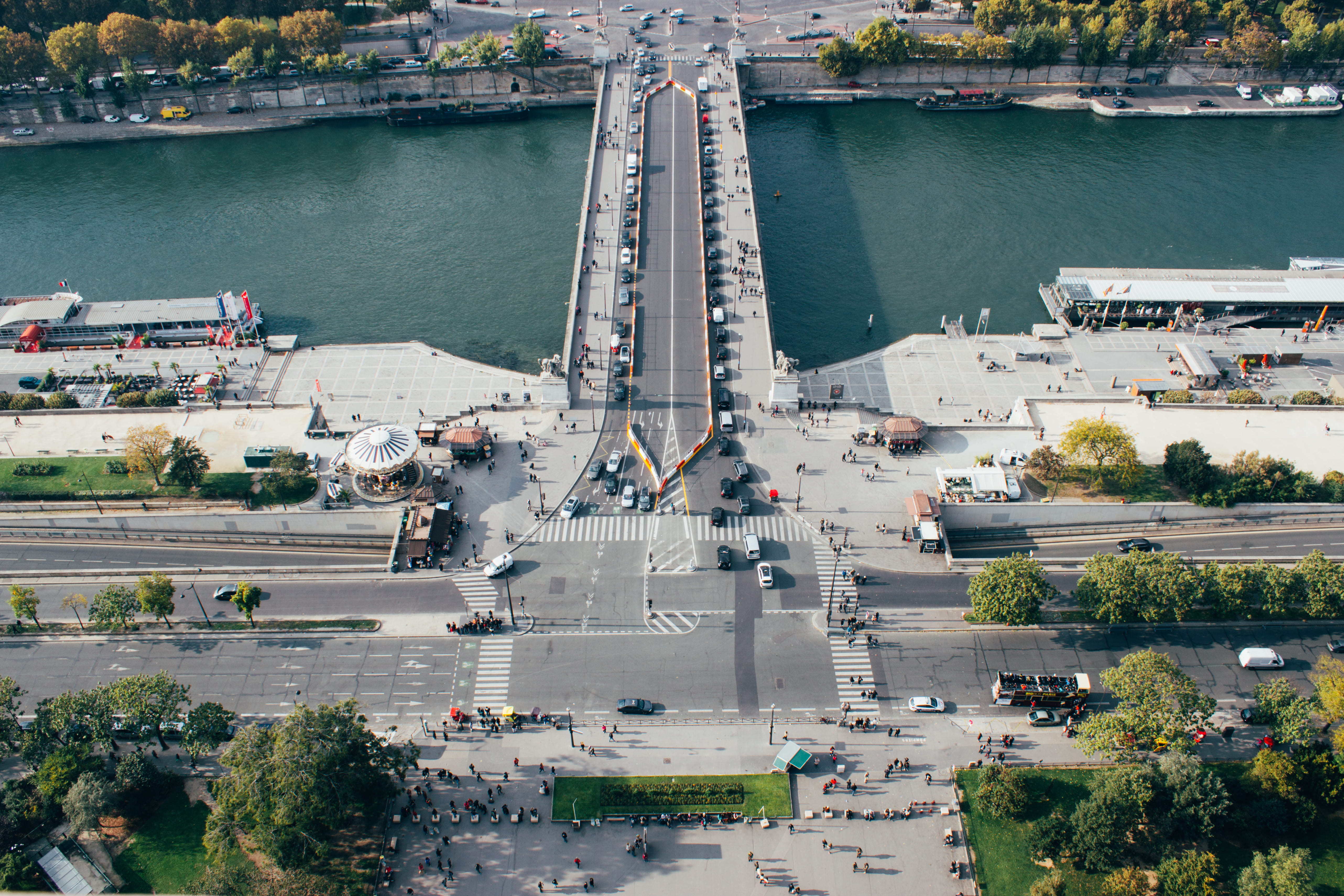 motor vehicle, town, eiffel tower, traffic, birdseye view, built structure, bridge - man made structure, nature, 5K, building exterior, road, tree, water, HD Wallpaper