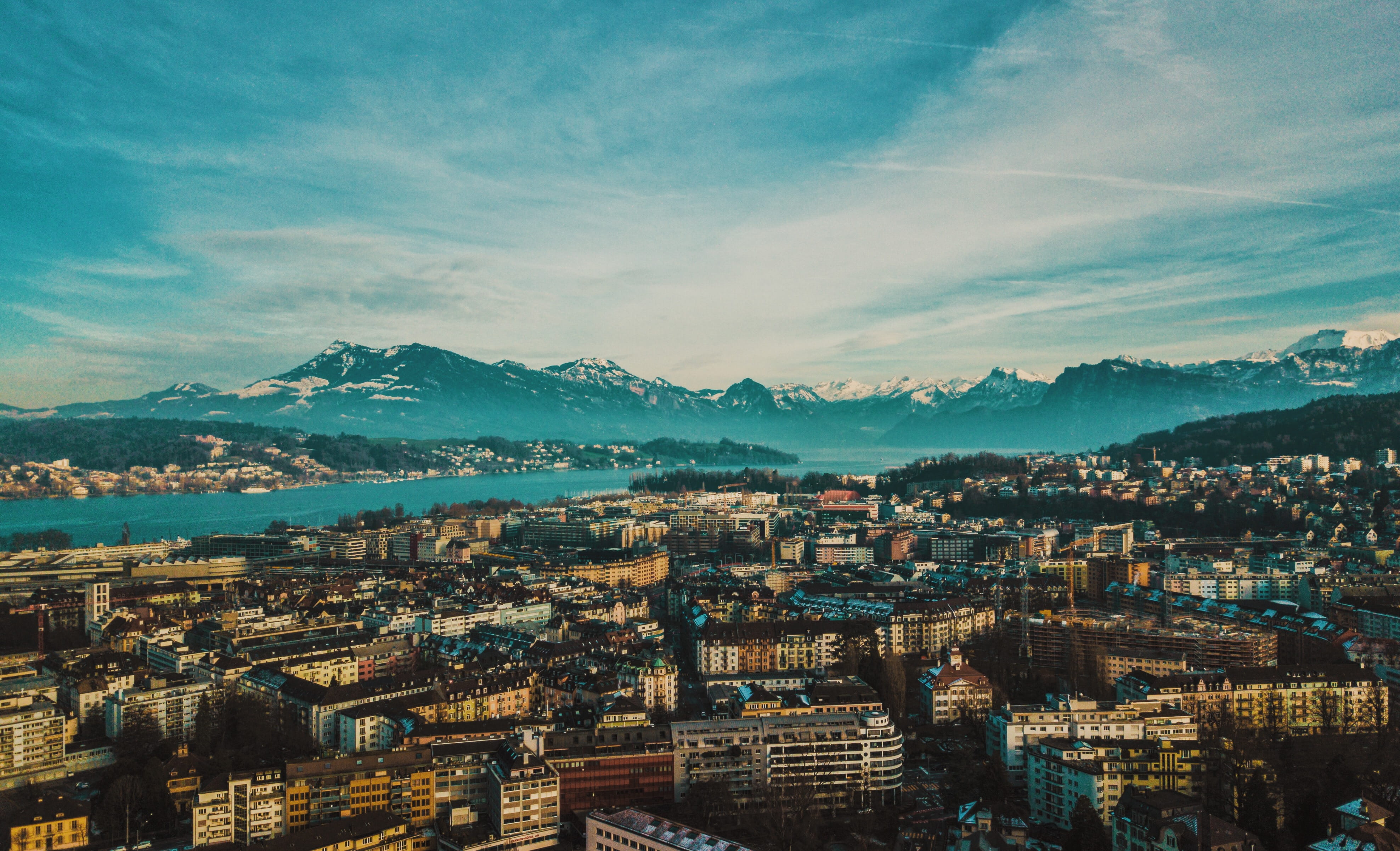 outdoors, mountain range, switzerland, birdseye, 4K, cityscape, mountain, architecture, building exterior, lucerne, water, no people, residential district, HD Wallpaper