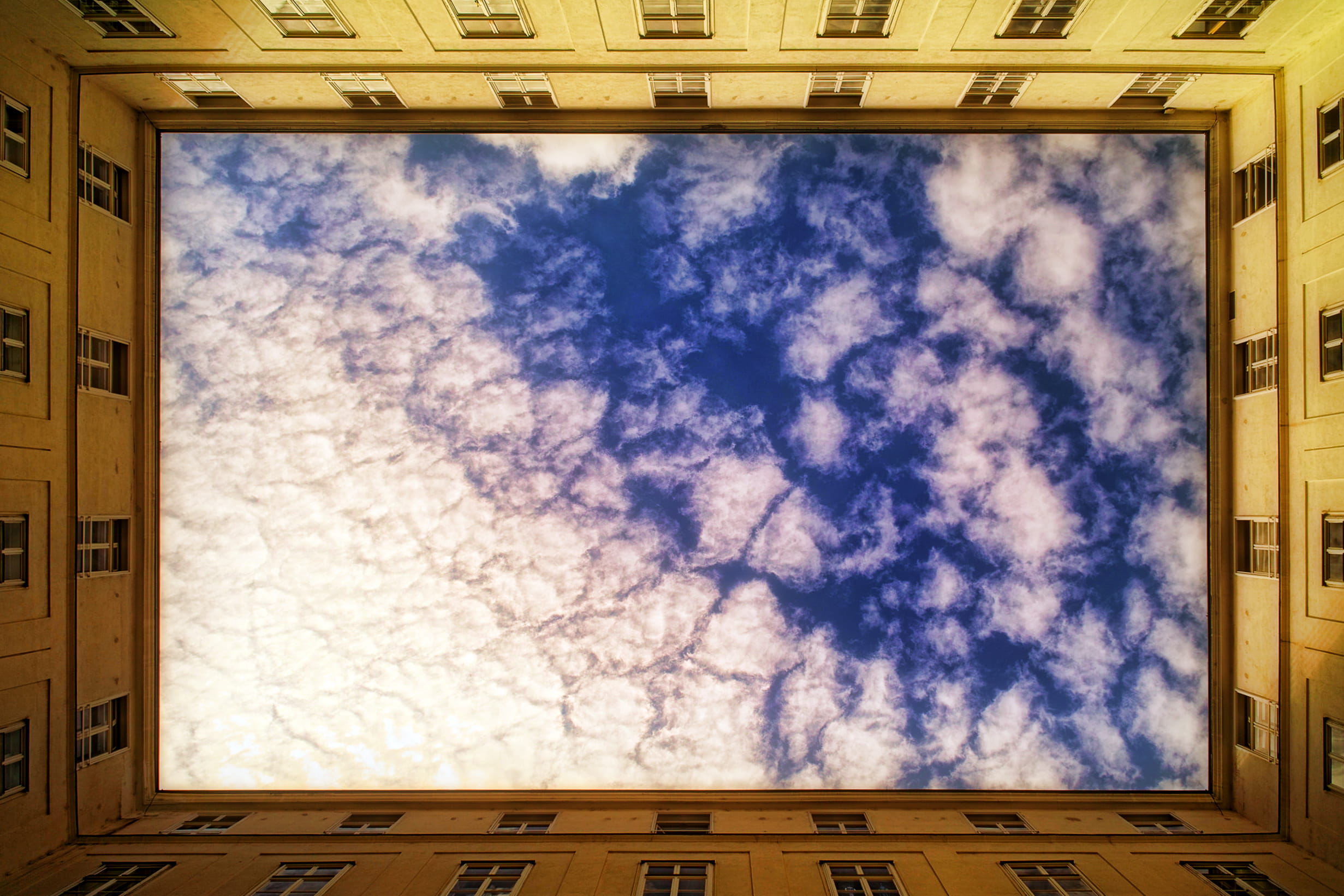 clouds, sky, architecture, stratocumulus, no people, entrance, building, wood - material, 1080P, cloud - sky, sunlight, low angle view, white, angle, directly below, HD Wallpaper