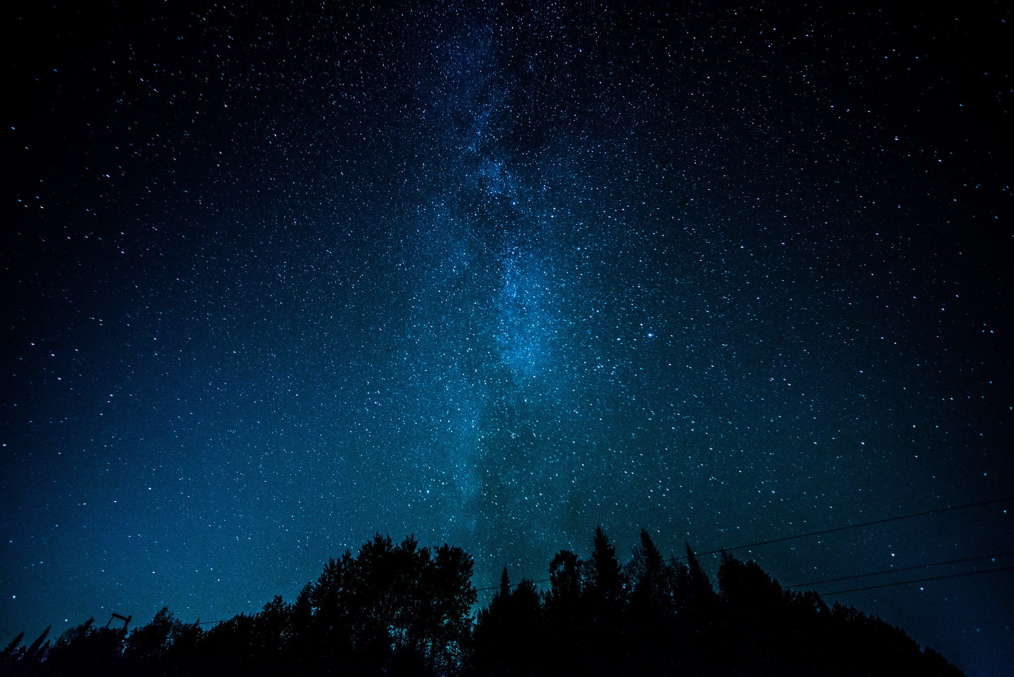 sky, trees, silhouette, night, 1080P, Milky Way, blue, stars, landscape, HD Wallpaper