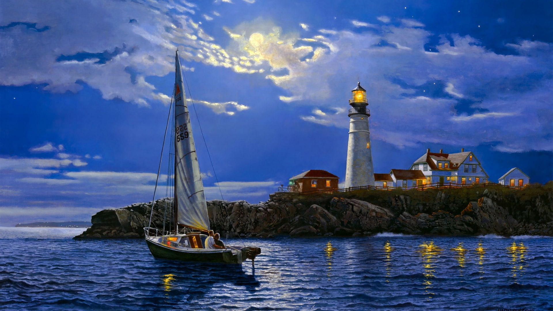 mood, love, boats, sailing, Art, night, lighthouse, paintaings, 1080P, architecture, moon, romance, sky, clouds, HD Wallpaper