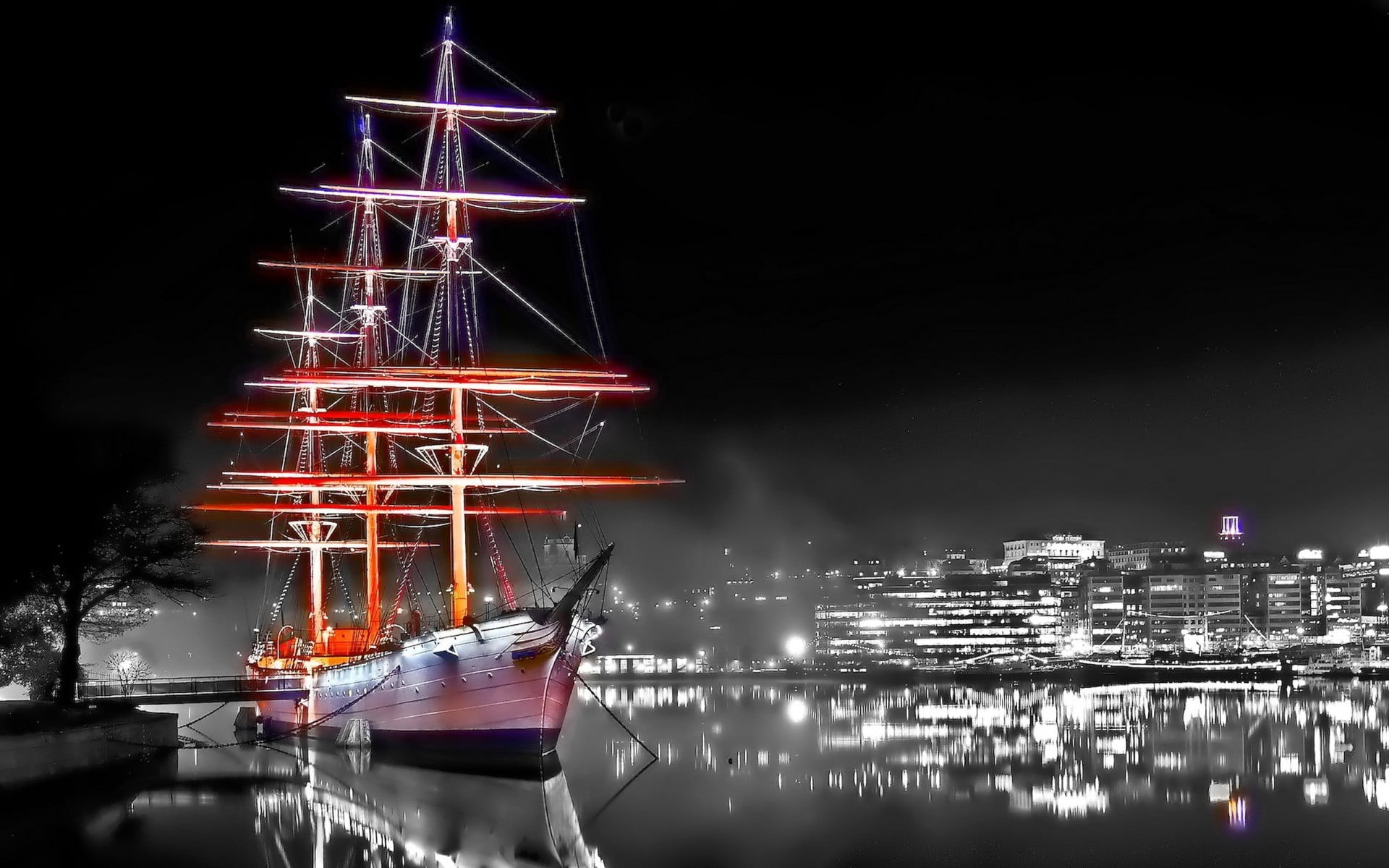water, mode of transportation, illuminated, color, built structure, sky, office building exterior, sail, nautical vessel, building, no people, transportation, HD Wallpaper