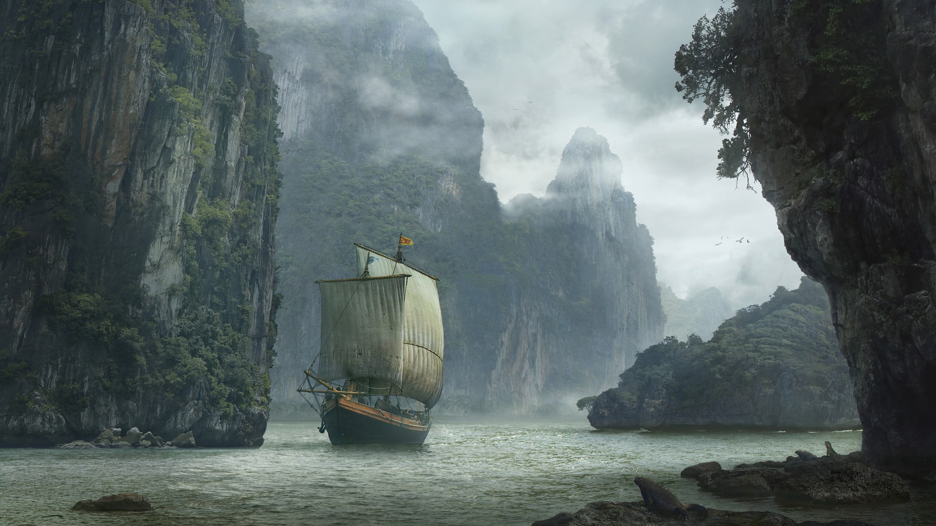 travel, beauty in nature, passenger craft, boat, solid, mountain, sailing ship, non-urban scene, rock, flowing water, water, forest, 1080P, mode of transportation, HD Wallpaper