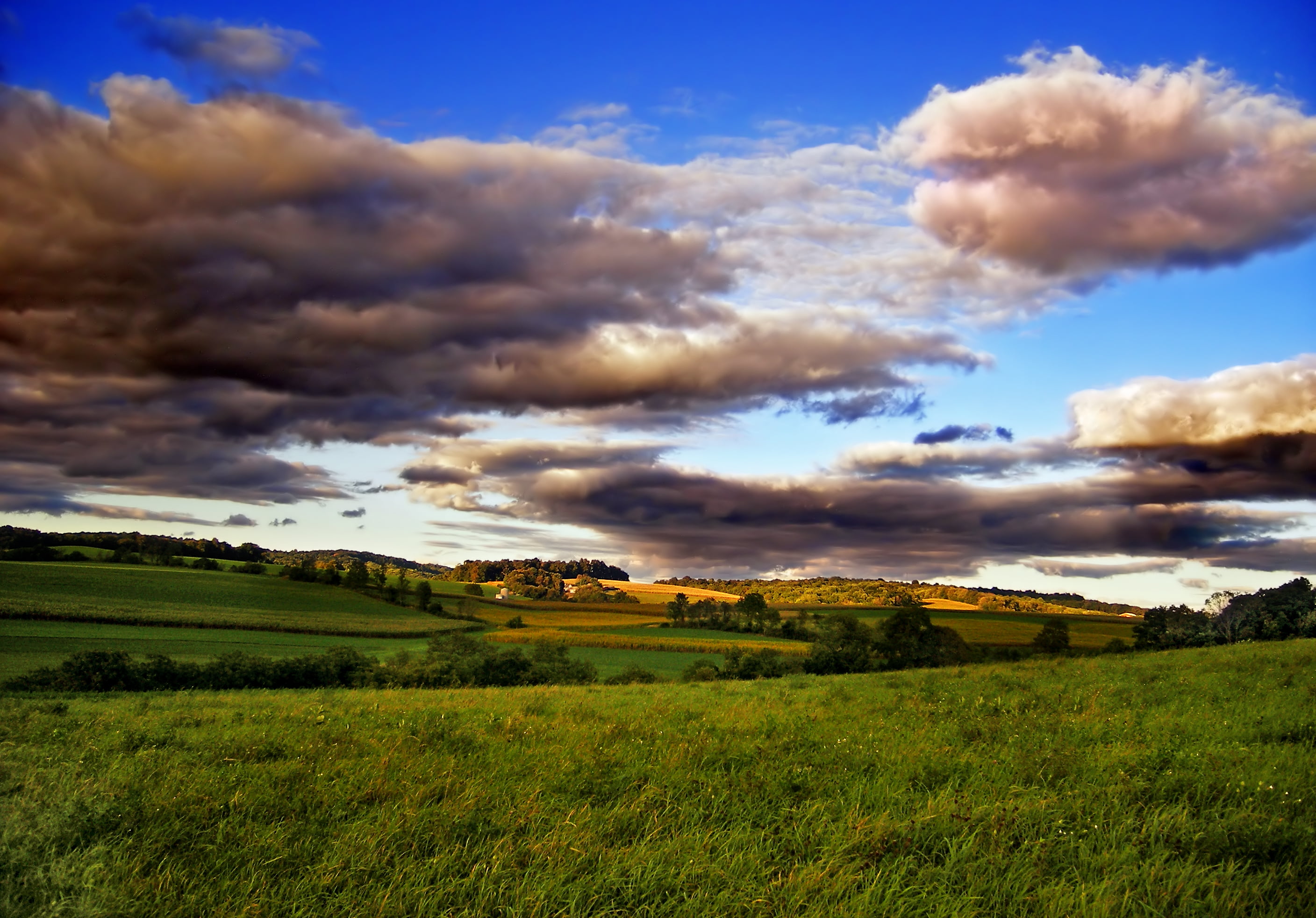 low light, landscape, grass, sky, cloud - Sky, time, gass, 2K, day, meadow, blue, cloudscape, nature, scenics, land, creative commons, hill, beauty In Nature, HD Wallpaper
