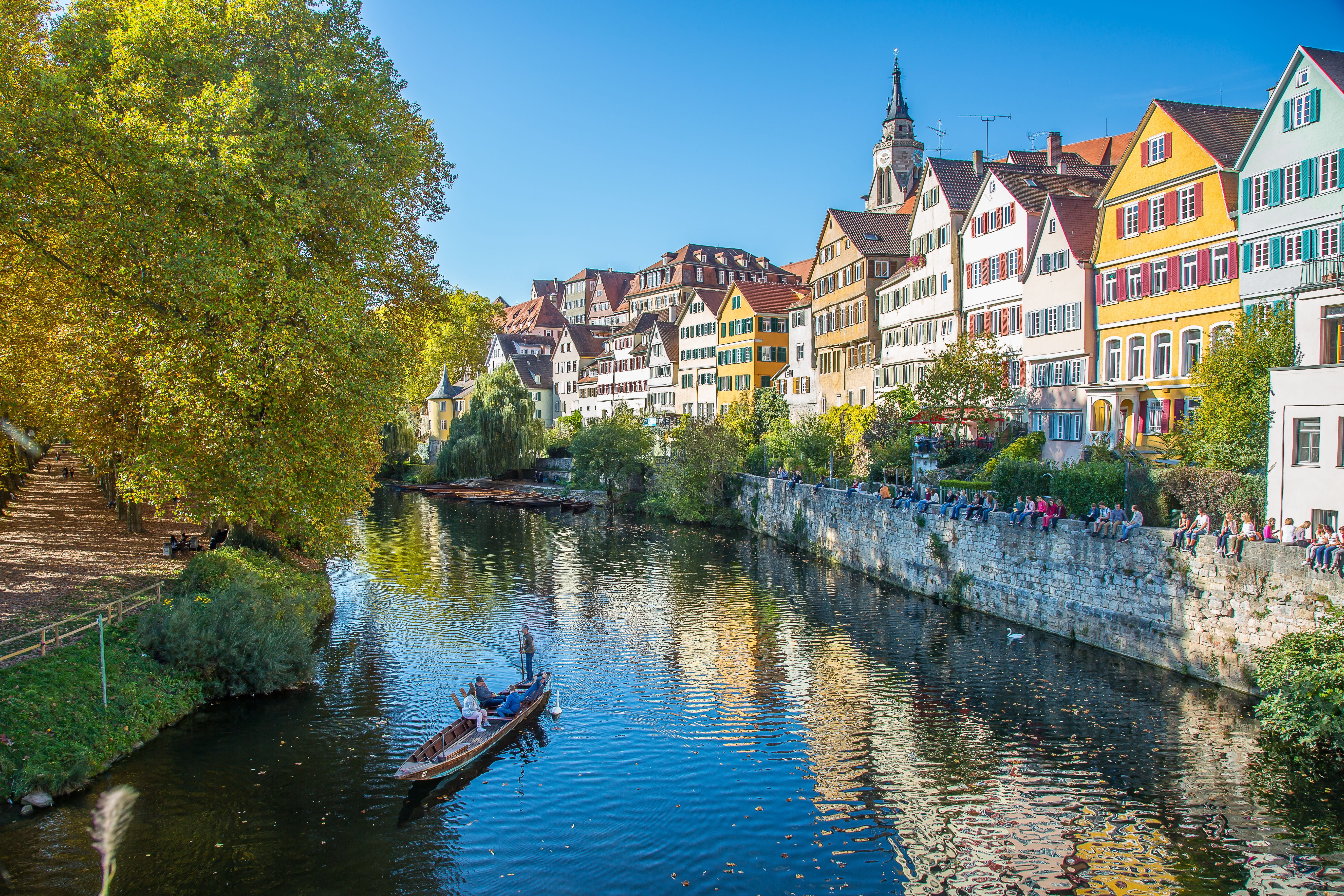 built structure, sailing, kahn, building, neckar, hölderlin, water, sky, outdoors, nautical vessel, reflection, building exterior, residential district, HD Wallpaper