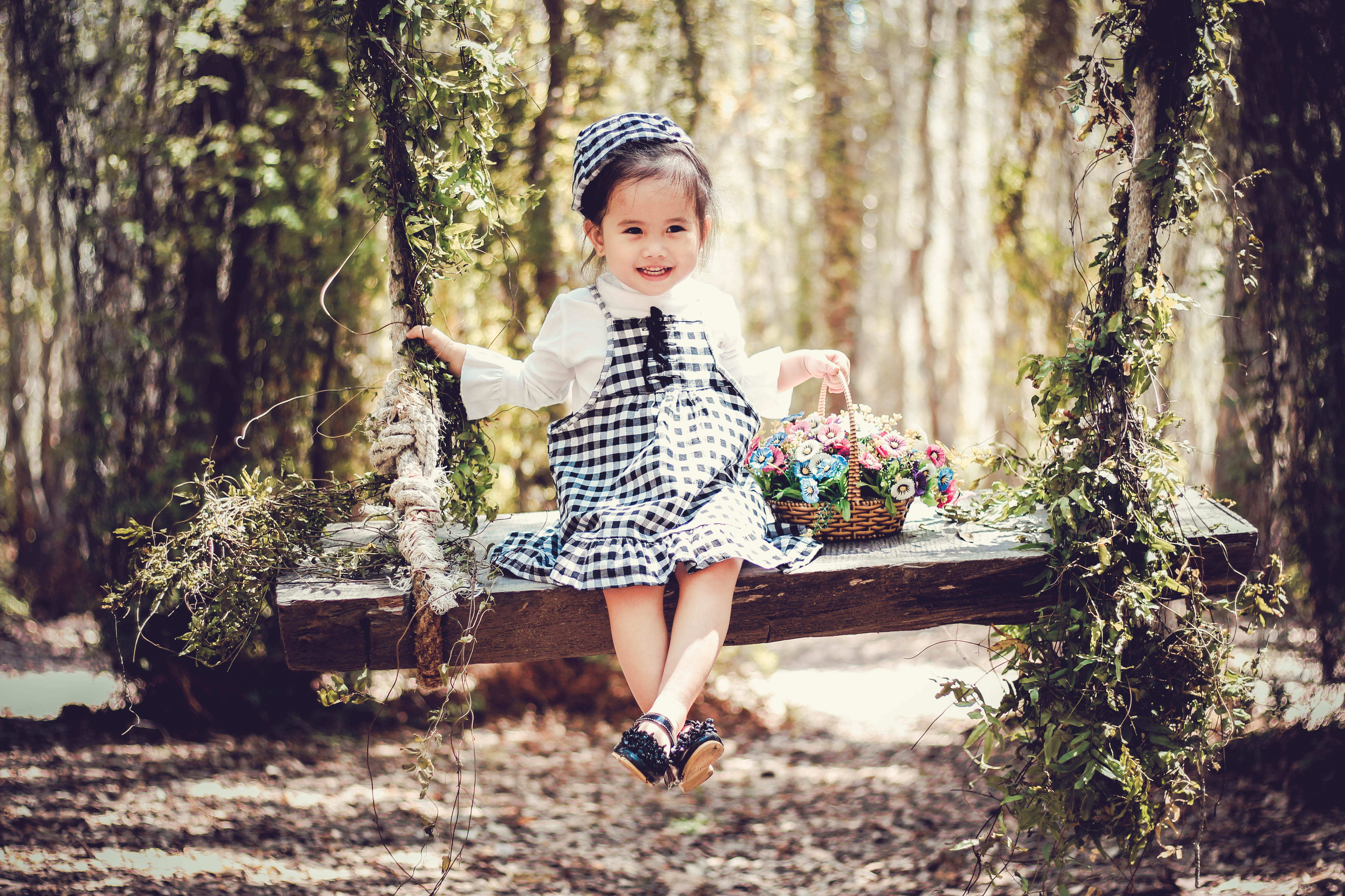 outside, trees, daytime, cute, women, girl, casual clothing, young, swing, fashion, woodland, innocence, skirt, wooden, tree, smiling, black, full length, HD Wallpaper