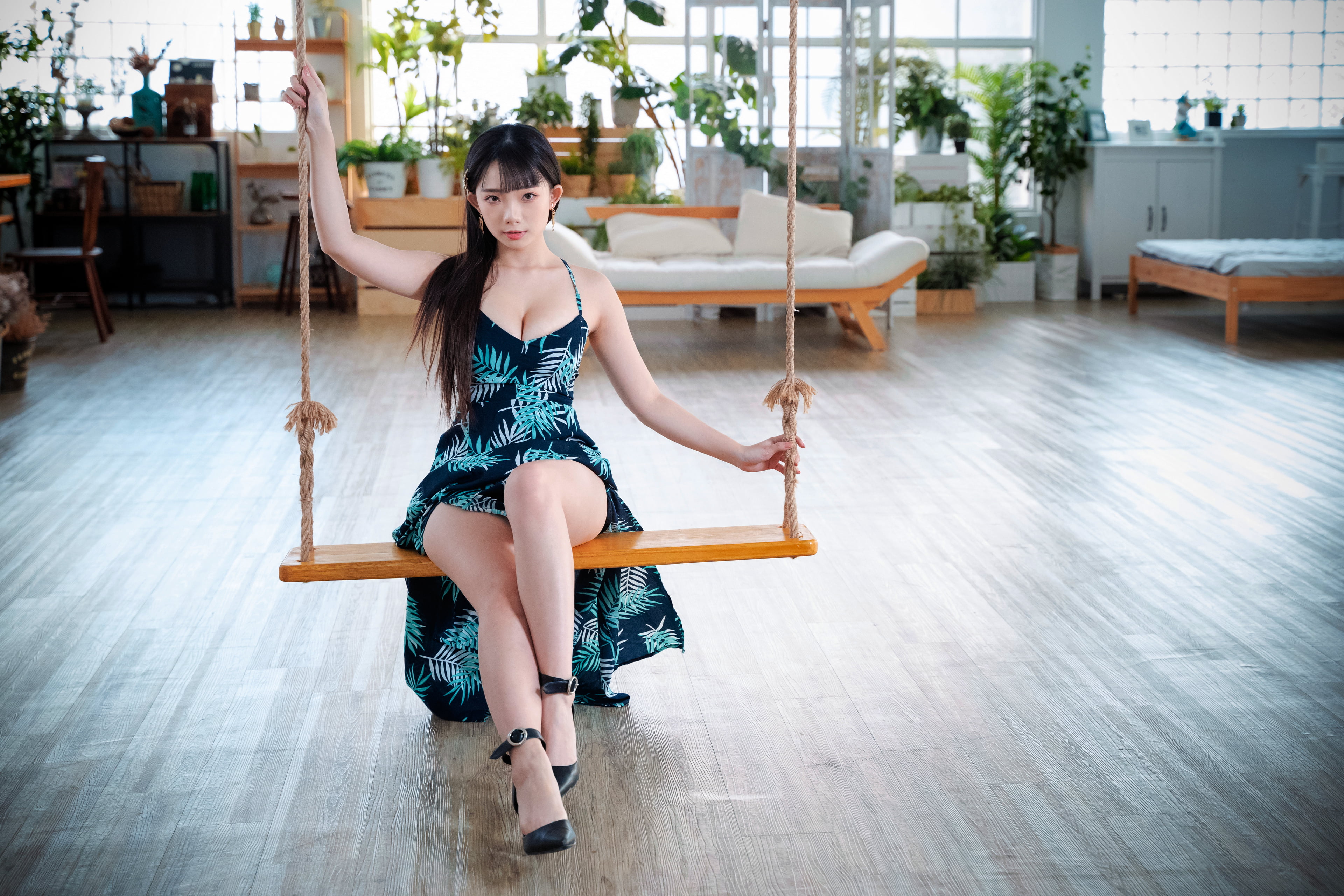 Ning Shioulin, flower dress, black high-heels, flowerpot, Asian, chair, bed, 4K, window, depth of field, swings, model, women, plants, sitting, earring, HD Wallpaper